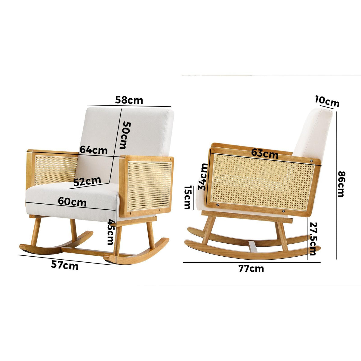 Oikiture 3x Rocking Chair Nursing Armchair Linen Accent Chairs PE Rattan Beige
