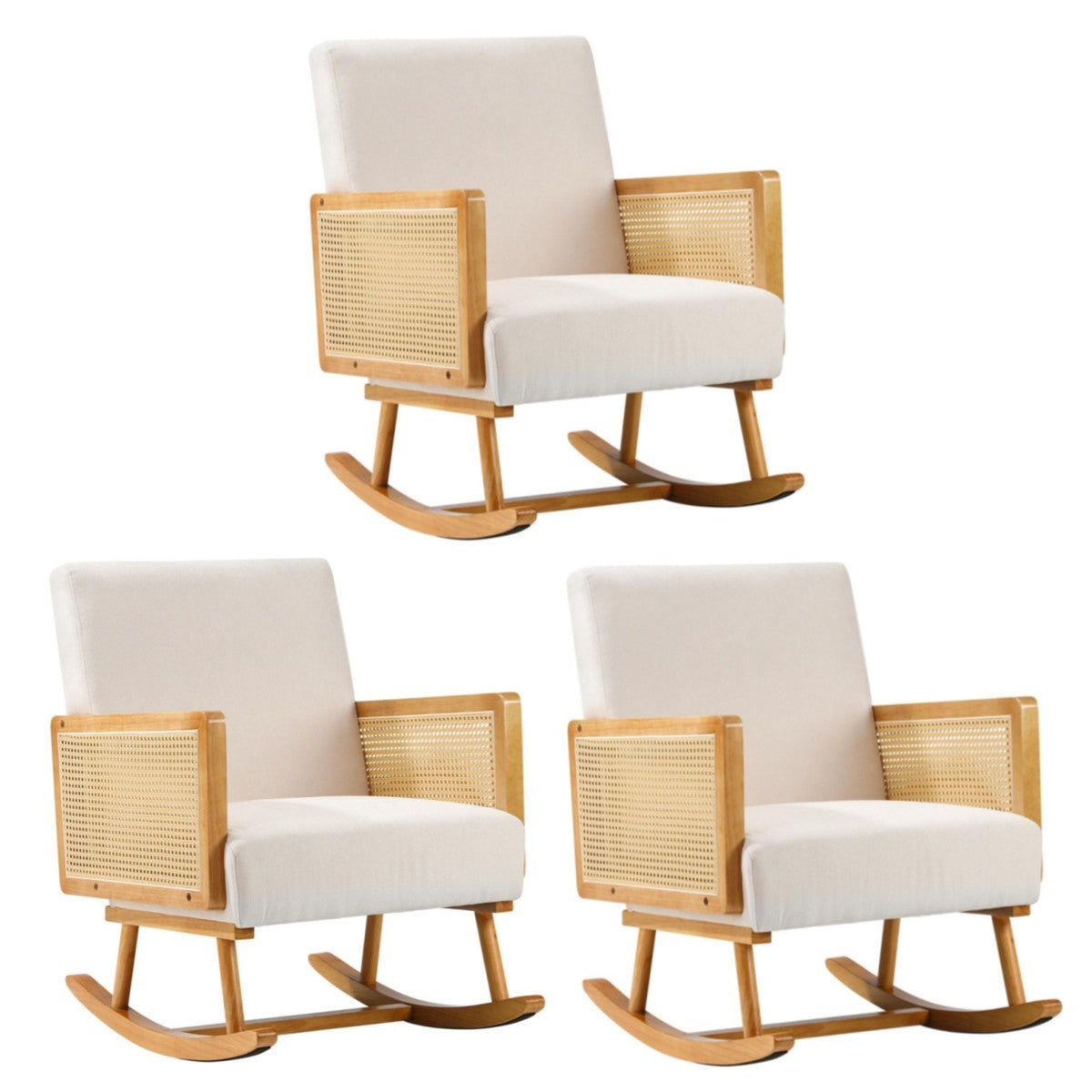 Oikiture 3x Rocking Chair Nursing Armchair Linen Accent Chairs PE Rattan Beige