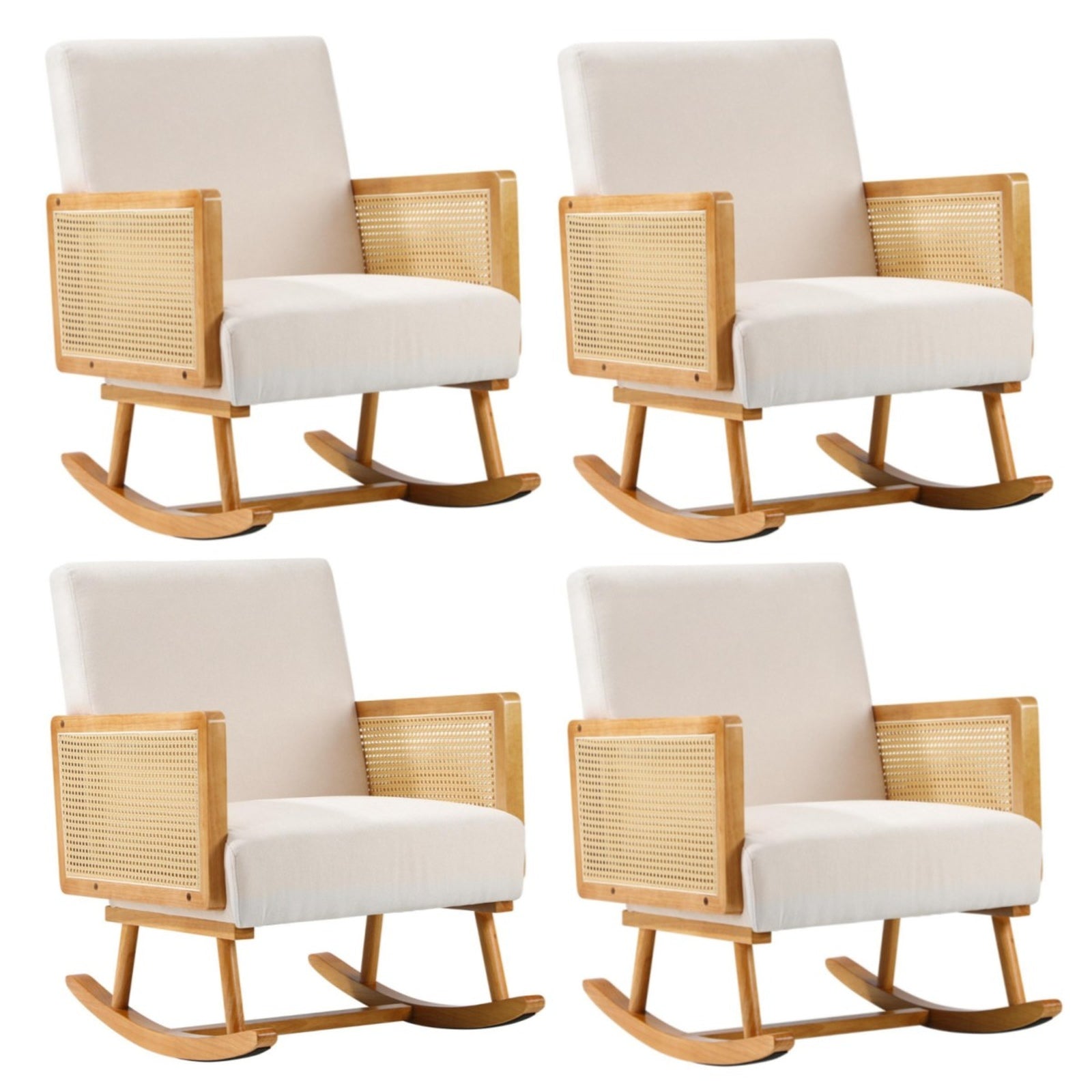 Oikiture 4x Rocking Chair Nursing Armchair Linen Accent Chairs PE Rattan Beige