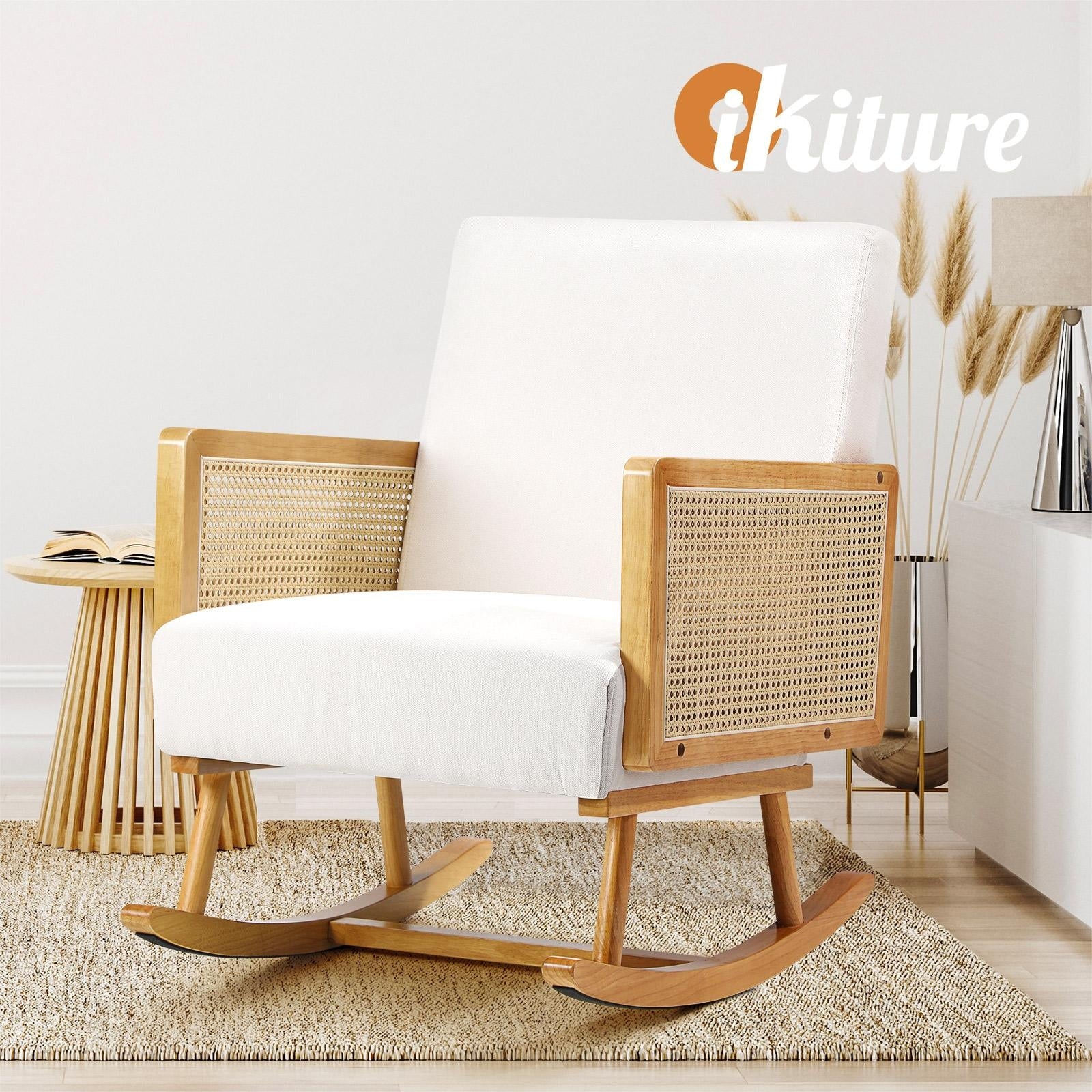 Oikiture 4x Rocking Chair Nursing Armchair Linen Accent Chairs PE Rattan Beige