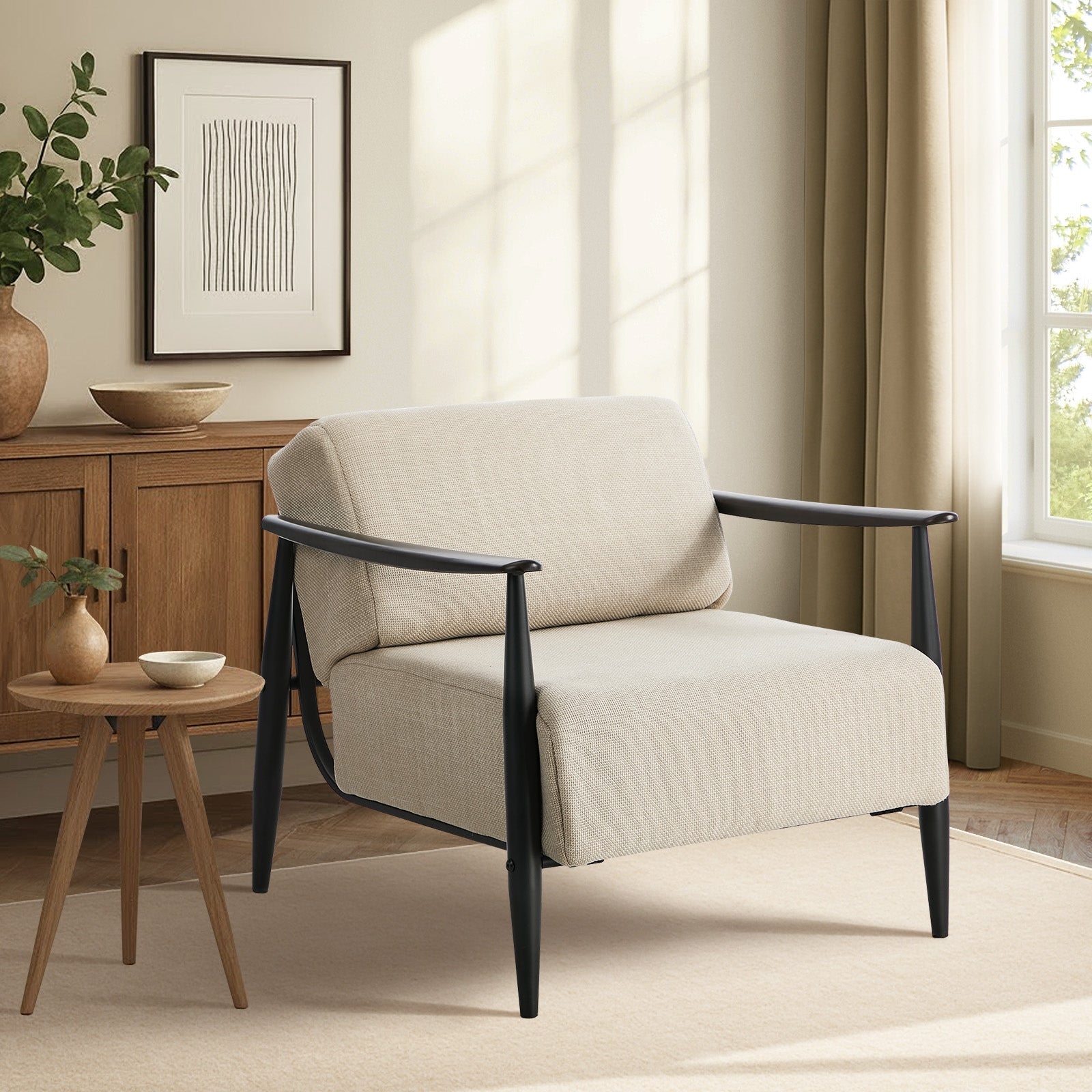 Oikiture Wooden Armchair Lounge Sofa Chair Fabric Accent Armchairs Beige - Sunyee