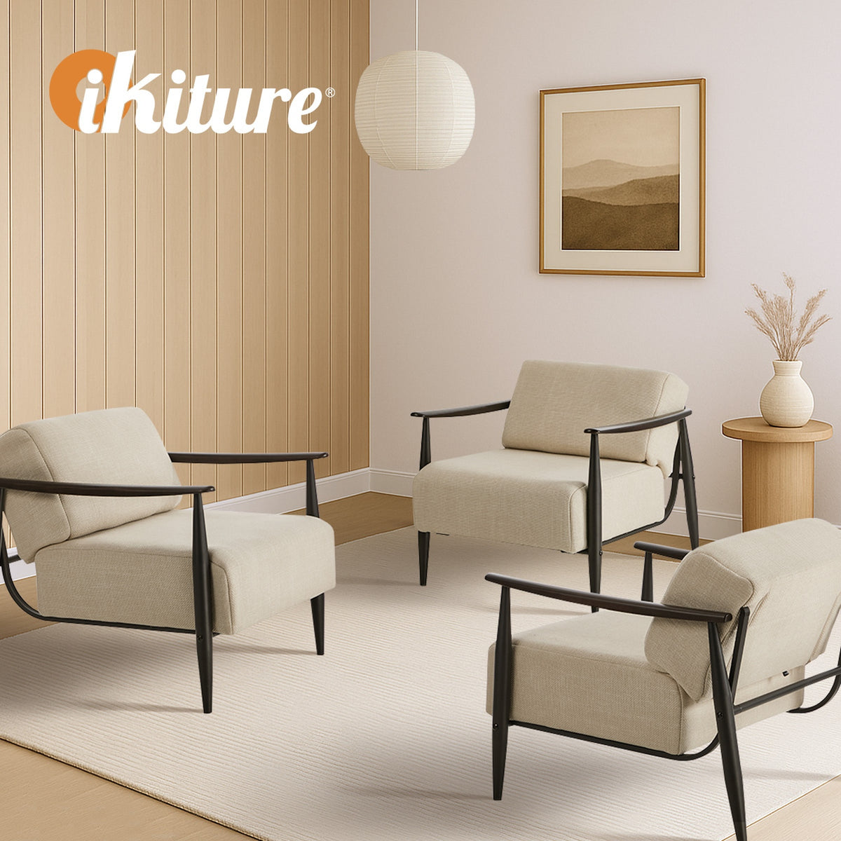 Oikiture Wooden Armchair Lounge Sofa Chair Fabric Accent Armchairs Beige