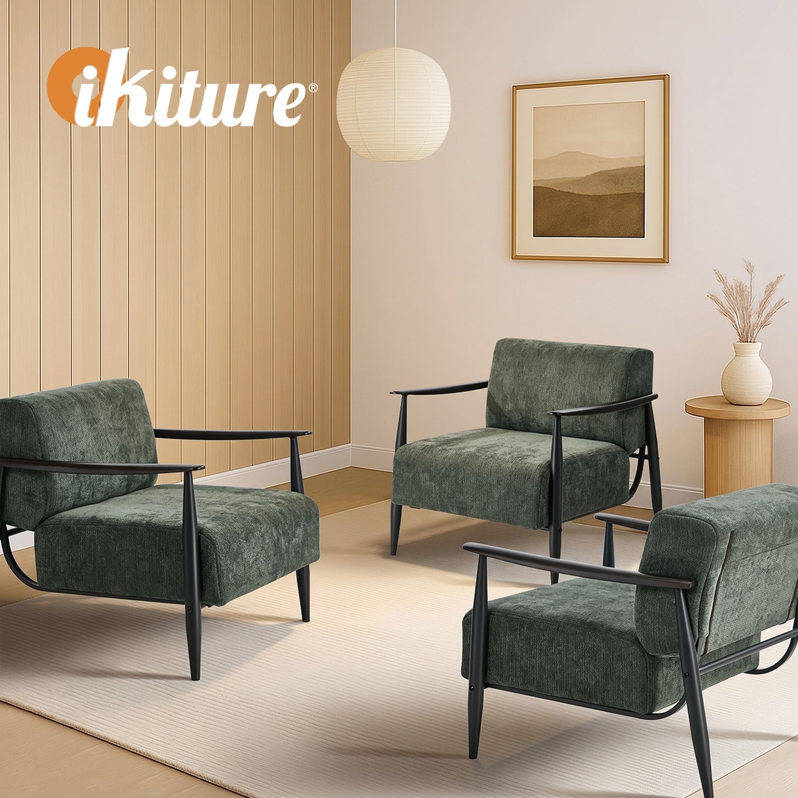 Oikiture Wooden Armchair Lounge Sofa Chair Chenille Accent Armchairs Green