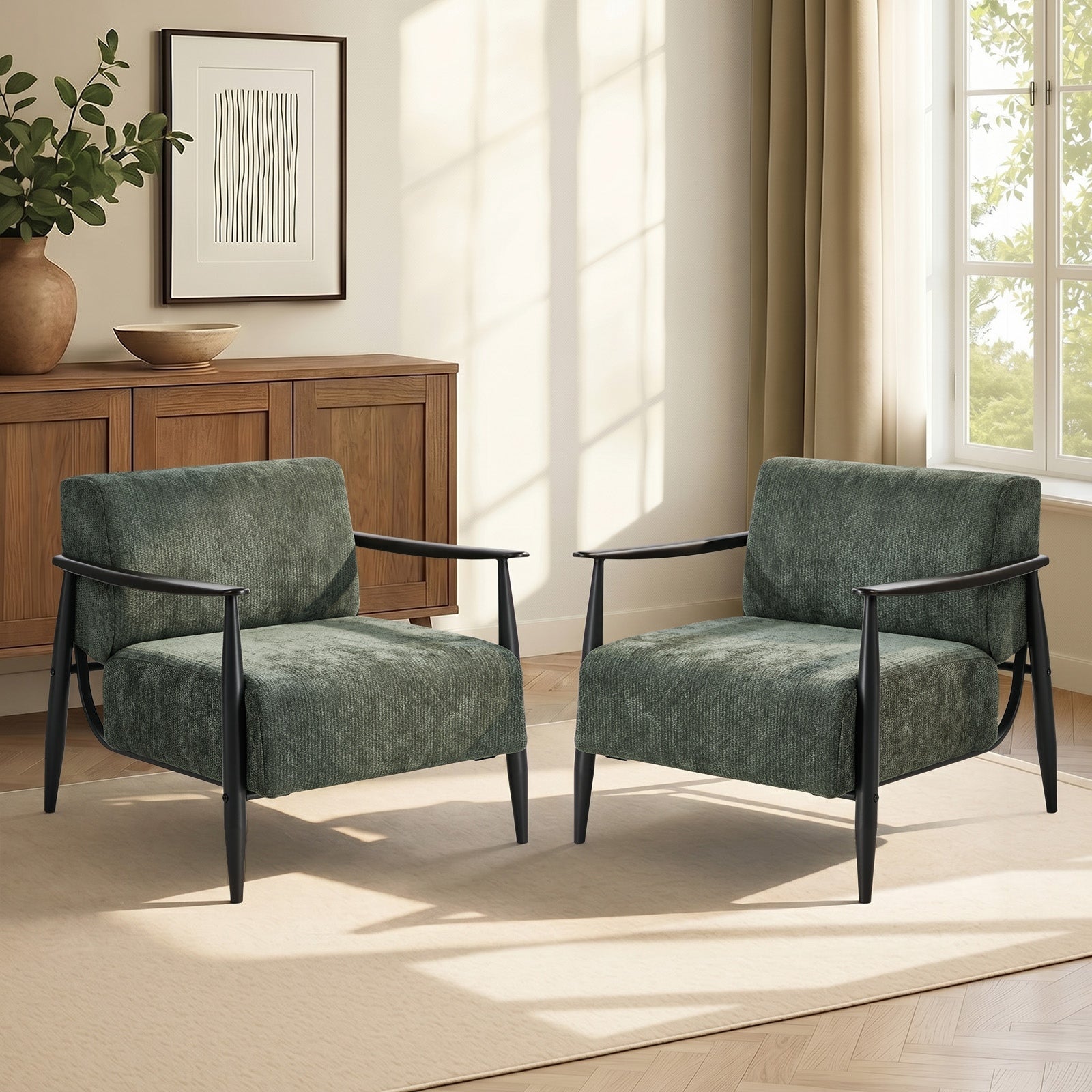 Oikiture 2x Wooden Armchair Lounge Sofa Chair Chenille Accent Armchairs Green
