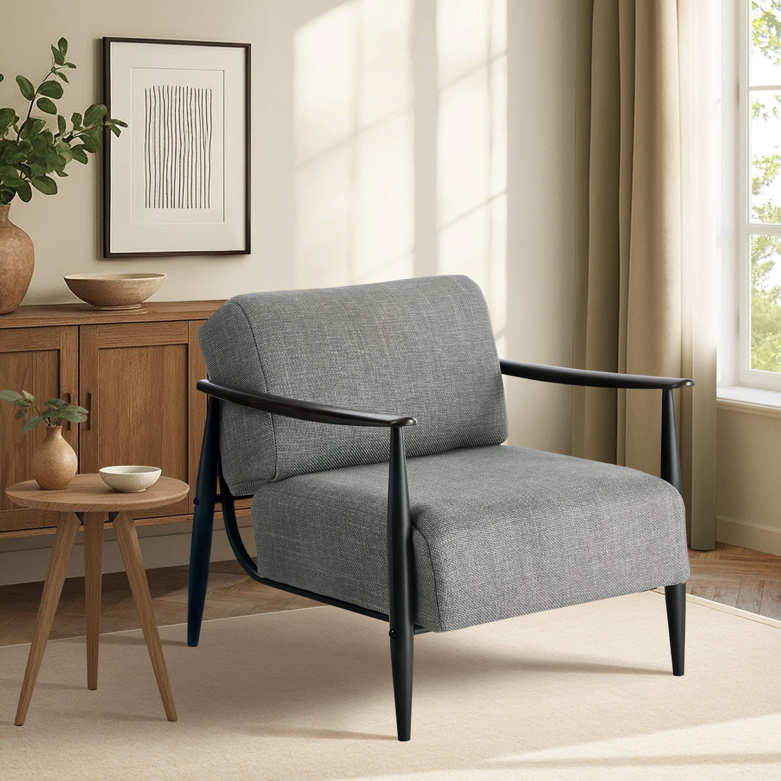 Oikiture Wooden Armchair Lounge Sofa Chair Fabric Accent Armchairs - Sunyee