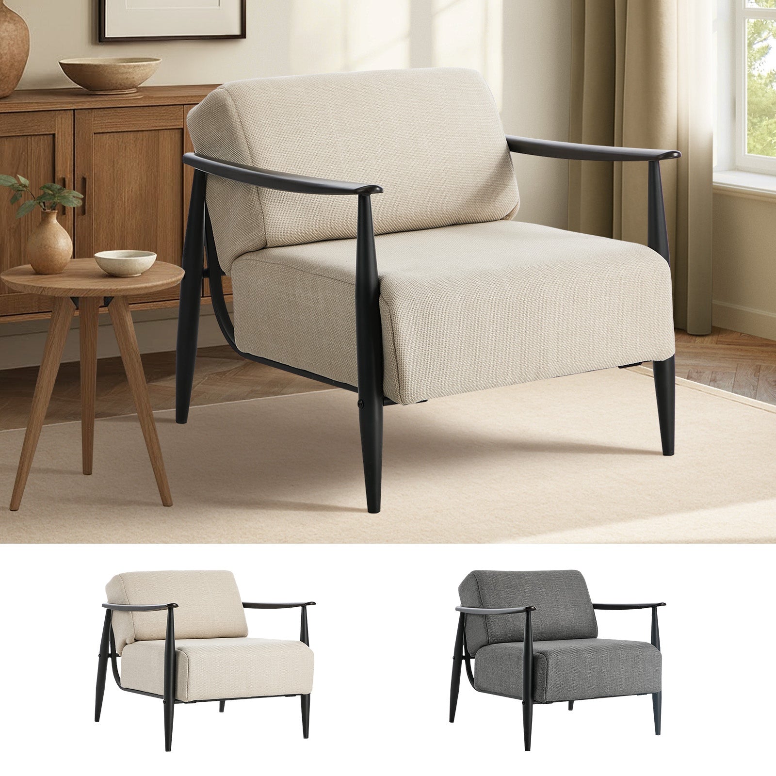 Oikiture Wooden Armchair Lounge Sofa Chair Fabric Accent Armchairs - Sunyee