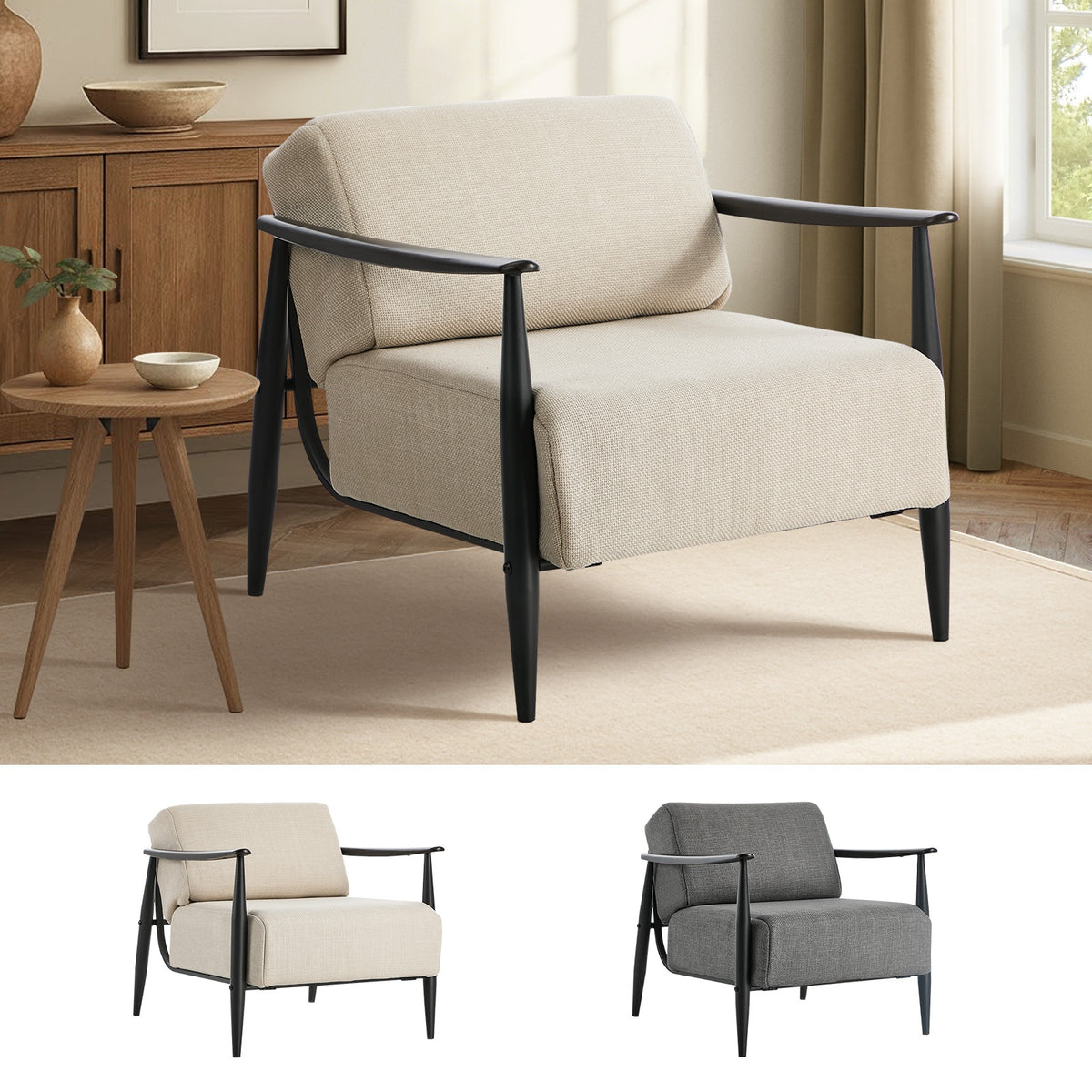 Oikiture Wooden Armchair Lounge Sofa Chair Fabric Accent Armchairs