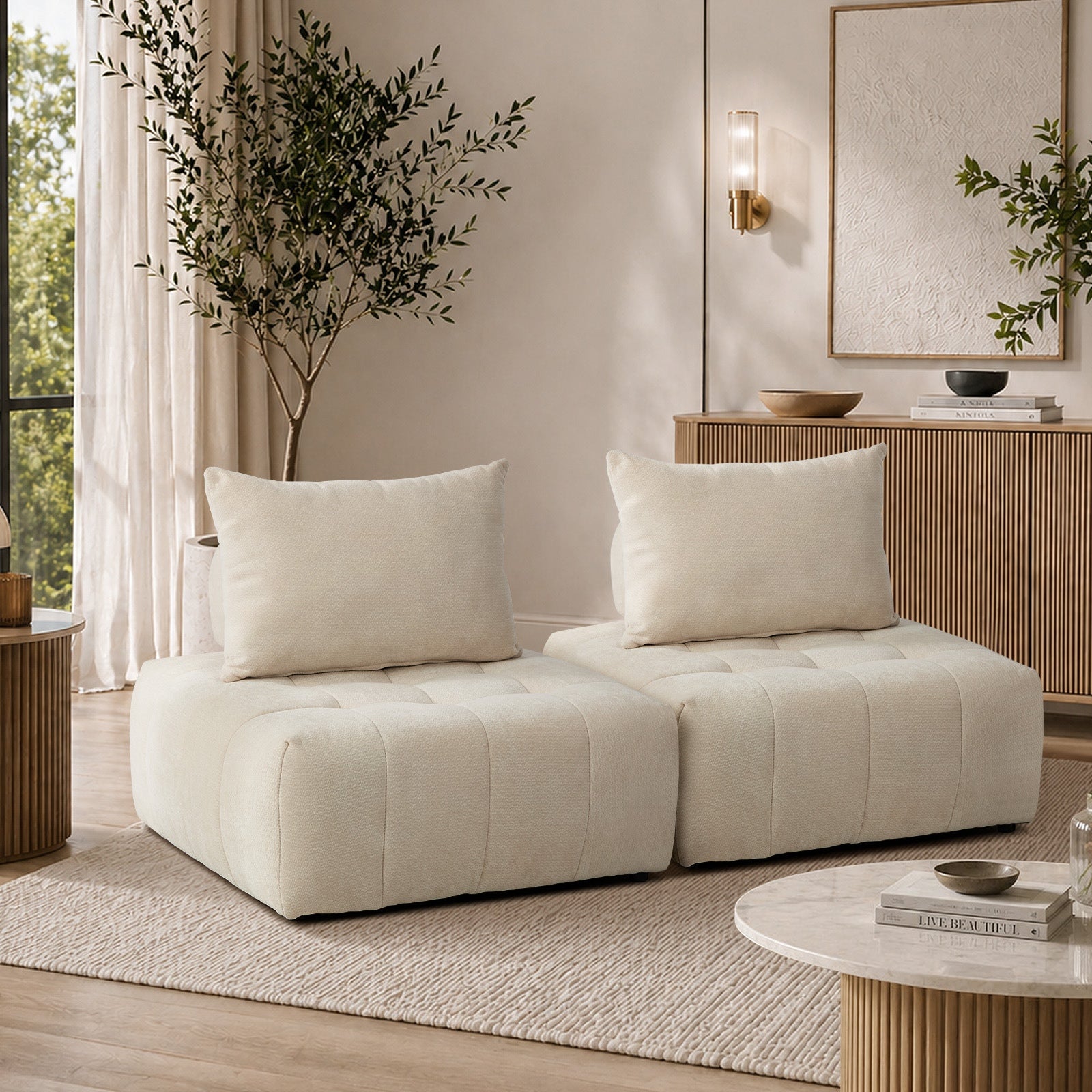 Oikiture 2x Chenille Modular Sofa Floor Lounge Chair w/Pillow TOFU Armless