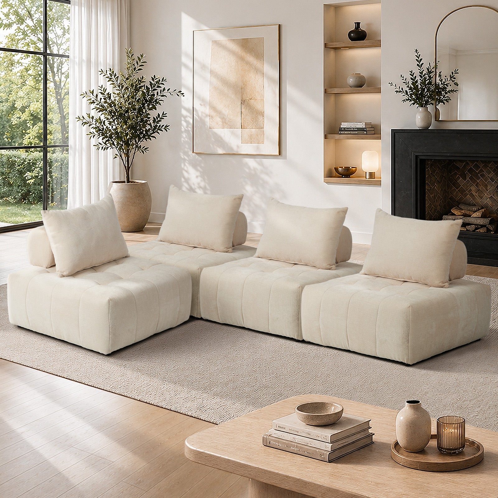 Oikiture 4x Chenille Modular Sofa Floor Lounge Chair w/Pillow TOFU Armless Beige