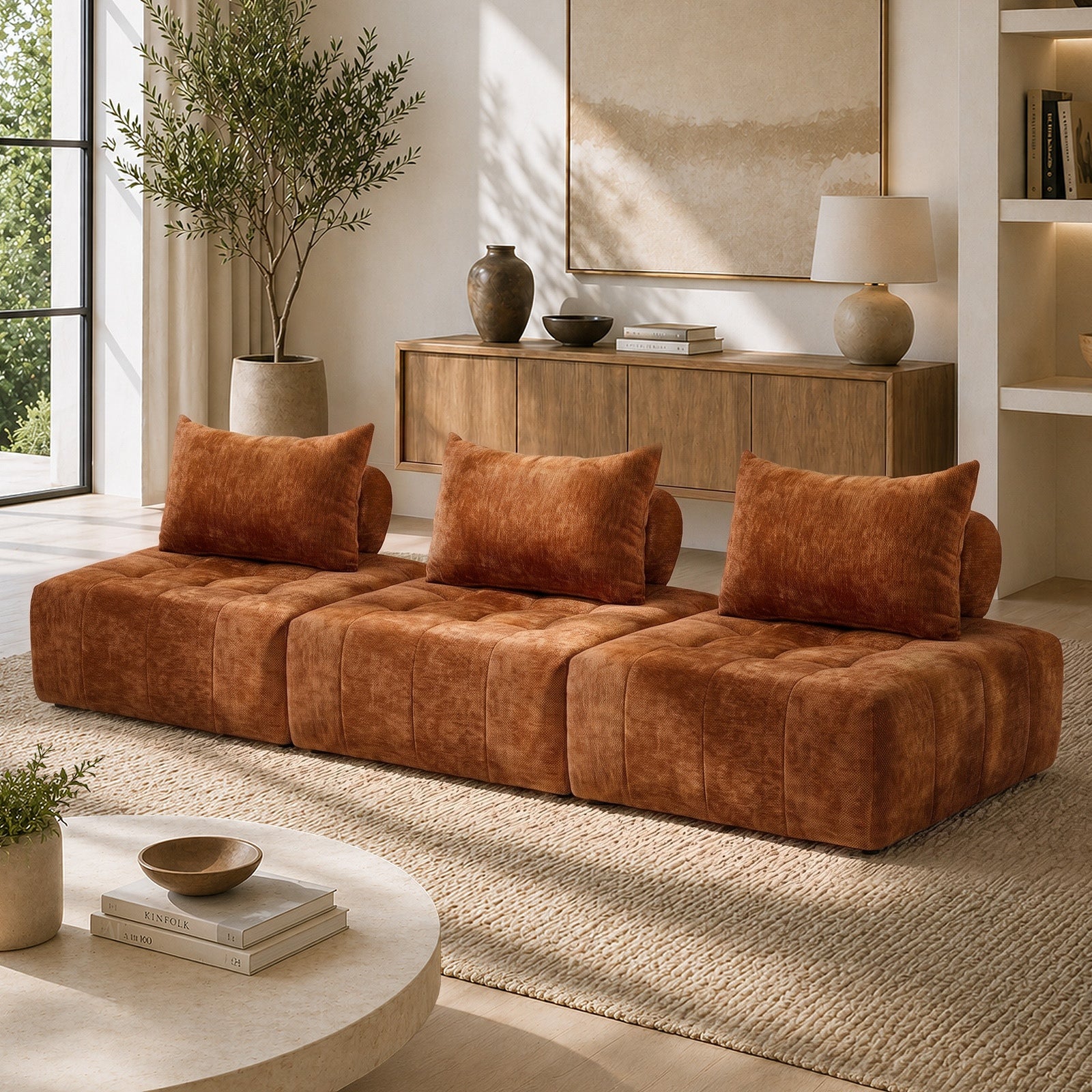 Oikiture 3x Chenille Modular Sofa Floor Lounge Chair w/Pillow TOFU Armless