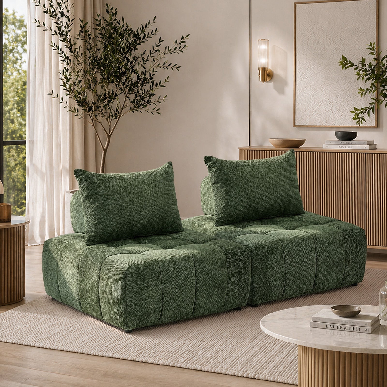 Oikiture 2x Chenille Modular Sofa Floor Lounge Chair w/Pillow TOFU Armless Green