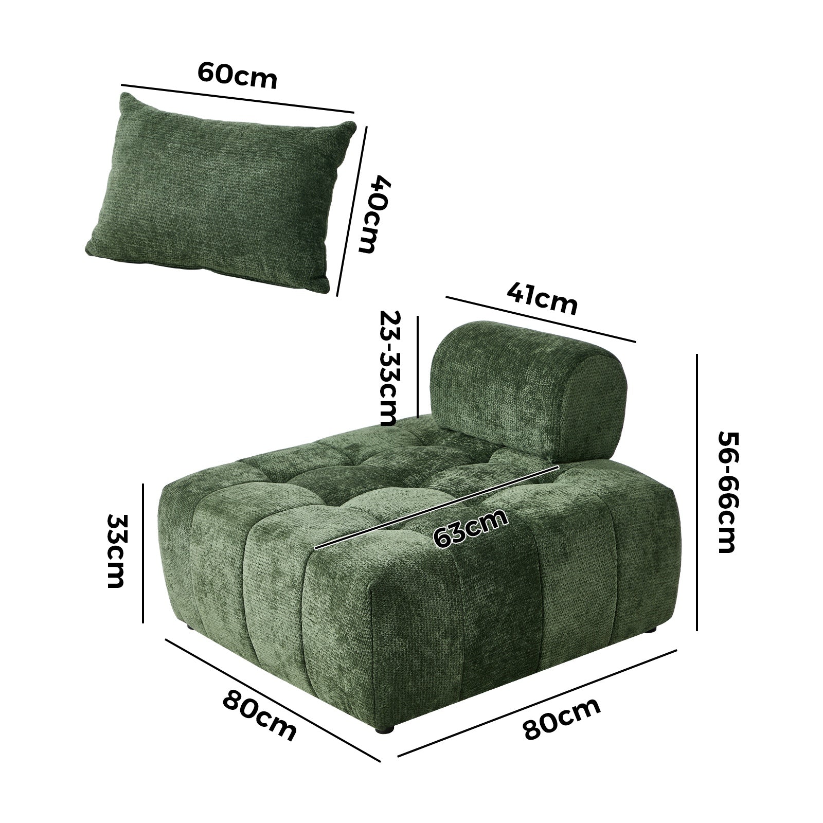 Oikiture 3x Chenille Modular Sofa Floor Lounge Chair w/Pillow TOFU Armless Green