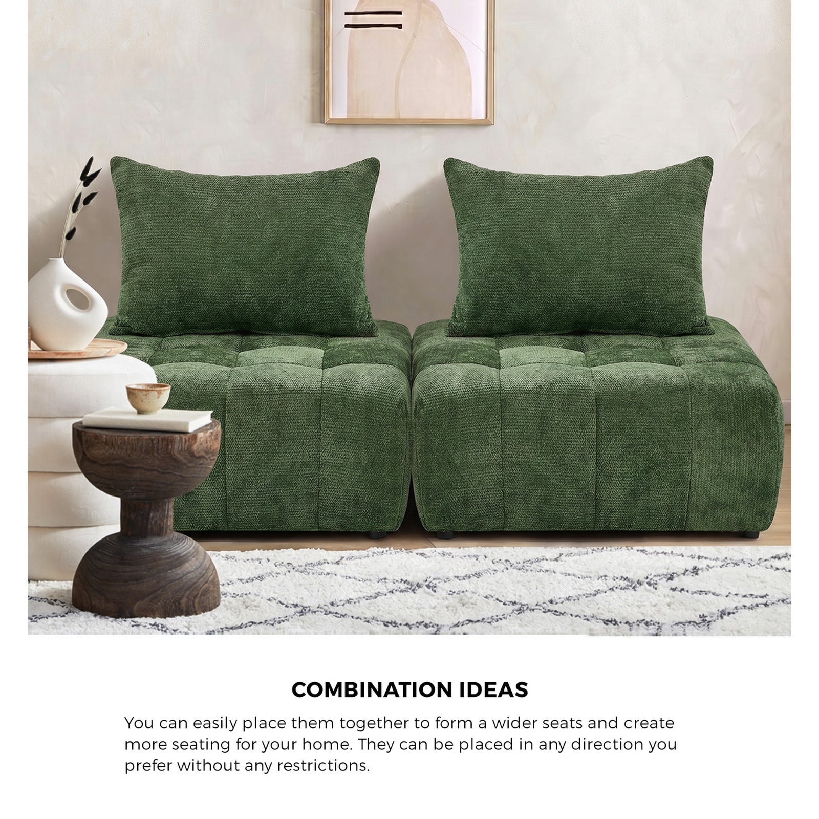 Oikiture 4x Chenille Modular Sofa Floor Lounge Chair w/Pillow TOFU Armless Green