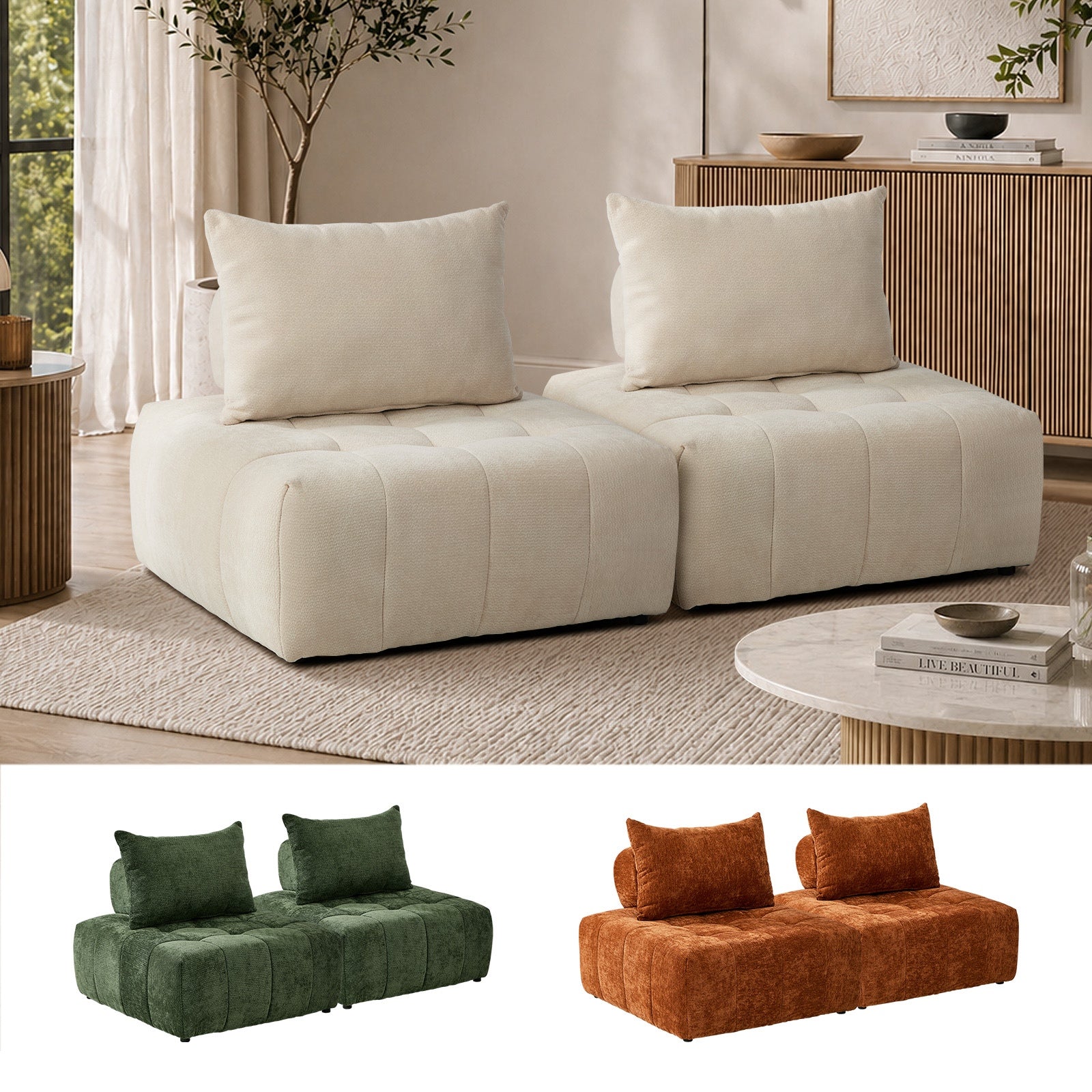 Oikiture 2x Chenille Modular Sofa Floor Lounge Chair w/Pillow TOFU Armless