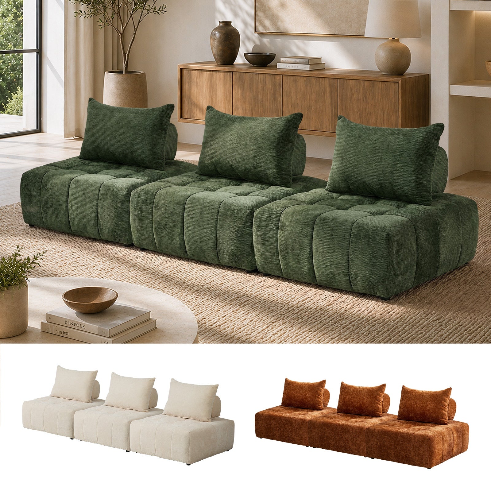 Oikiture 3x Chenille Modular Sofa Floor Lounge Chair w/Pillow TOFU Armless