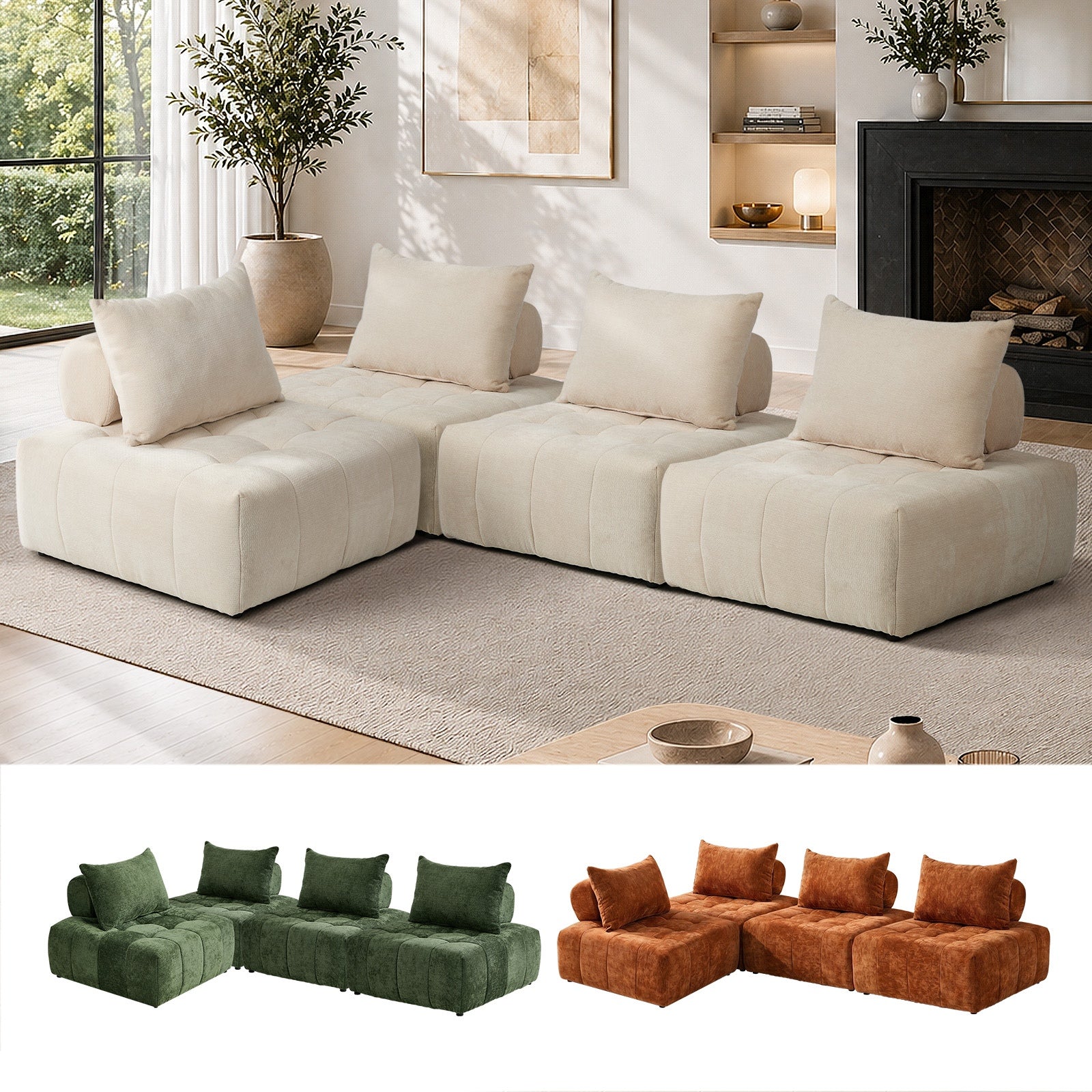 Oikiture 4x Chenille Modular Sofa Floor Lounge Chair w/Pillow TOFU Armless