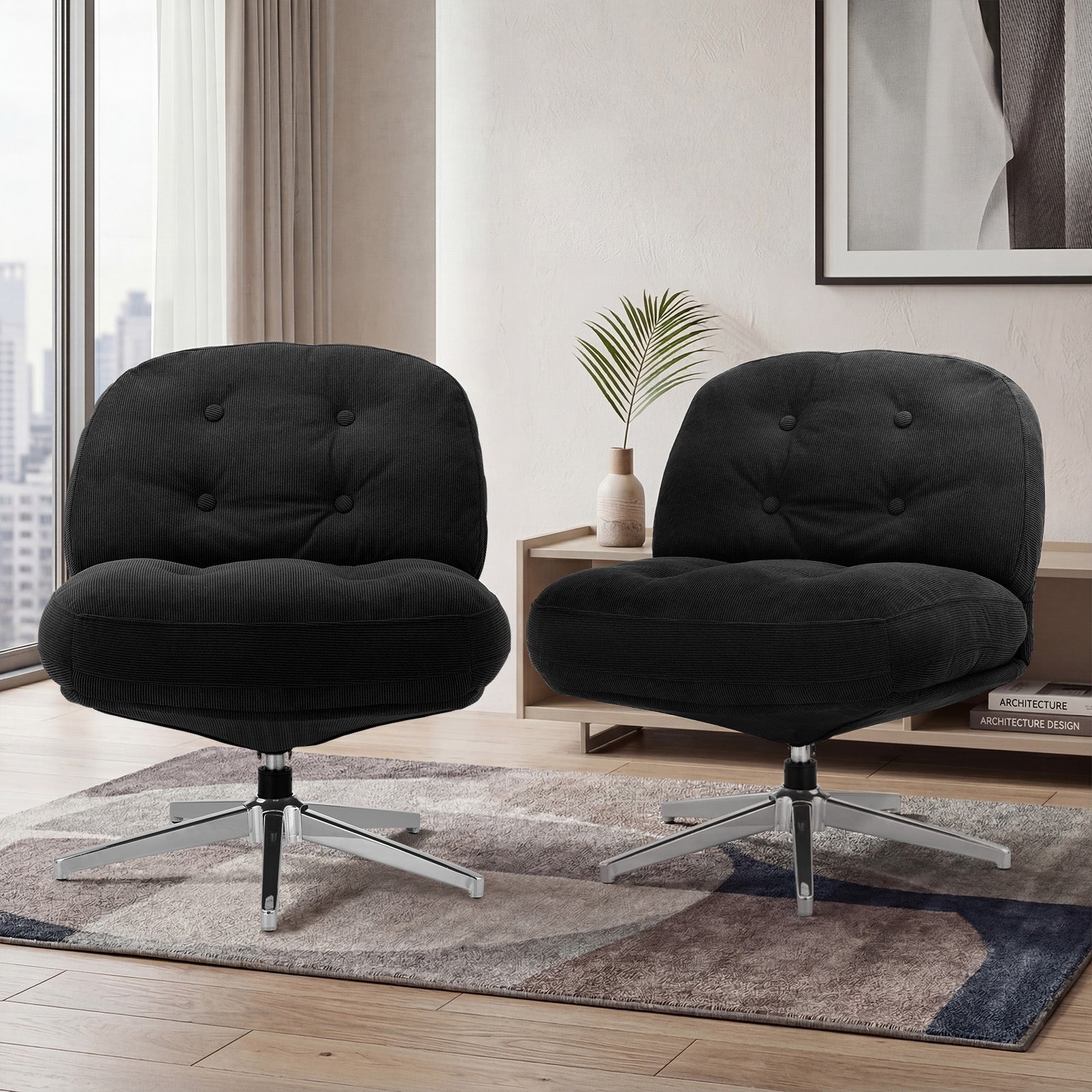 Oikiture 2x Armchair Swivel Lounge Chair Padded Accent Chairs Polyester Black - Sunyee