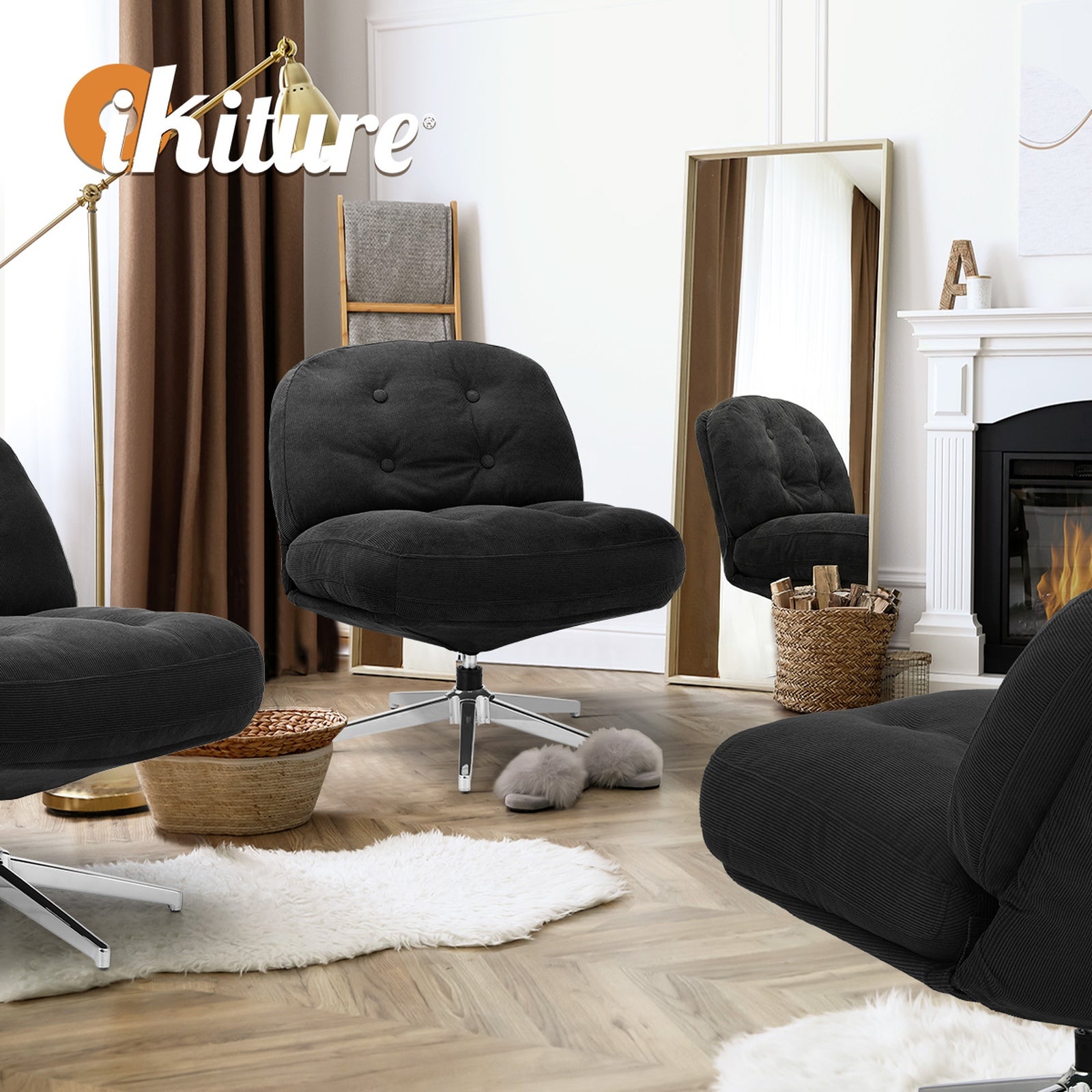 Oikiture 2x Armchair Swivel Lounge Chair Padded Accent Chairs Polyester Black - Sunyee