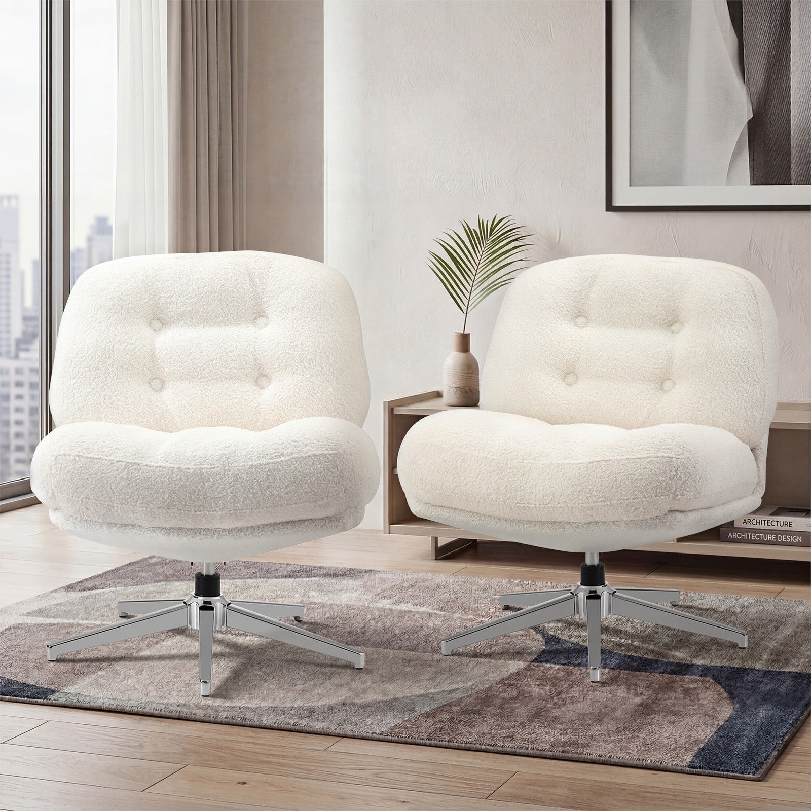 Oikiture 2x Armchair Swivel Lounge Chair Padded Accent Chairs Boucle White - Sunyee