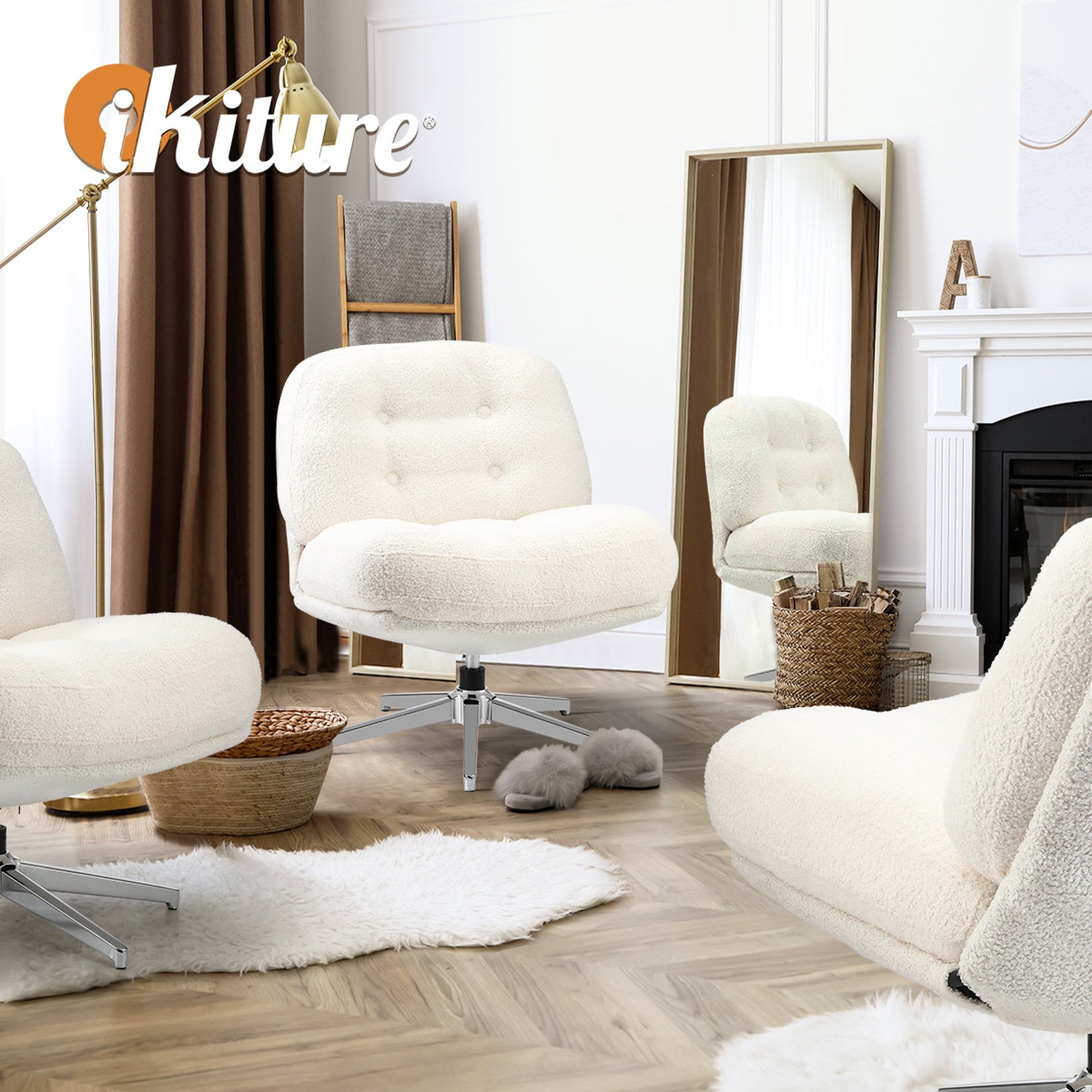 Oikiture 2x Armchair Swivel Lounge Chair Padded Accent Chairs Boucle White - Sunyee