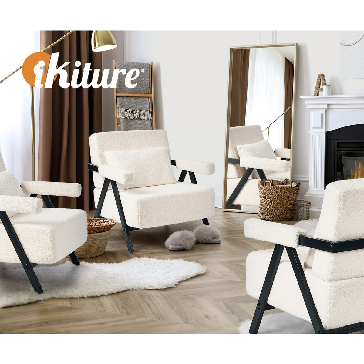 Oikiture Compressed Armchair Sherpa Lounge Chair Accent Sofa with Cushion