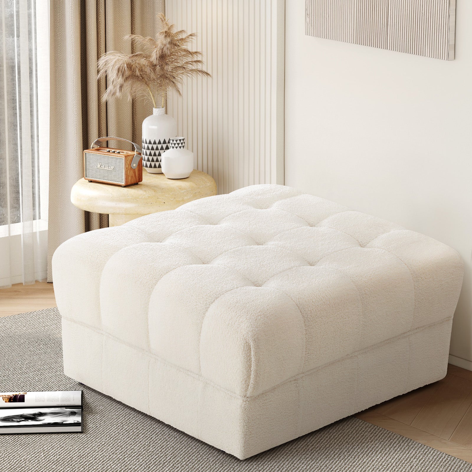 Oikiture 1 Seater Boucle Modular Ottoman Lounge Chair Armless TOFU White - Sunyee