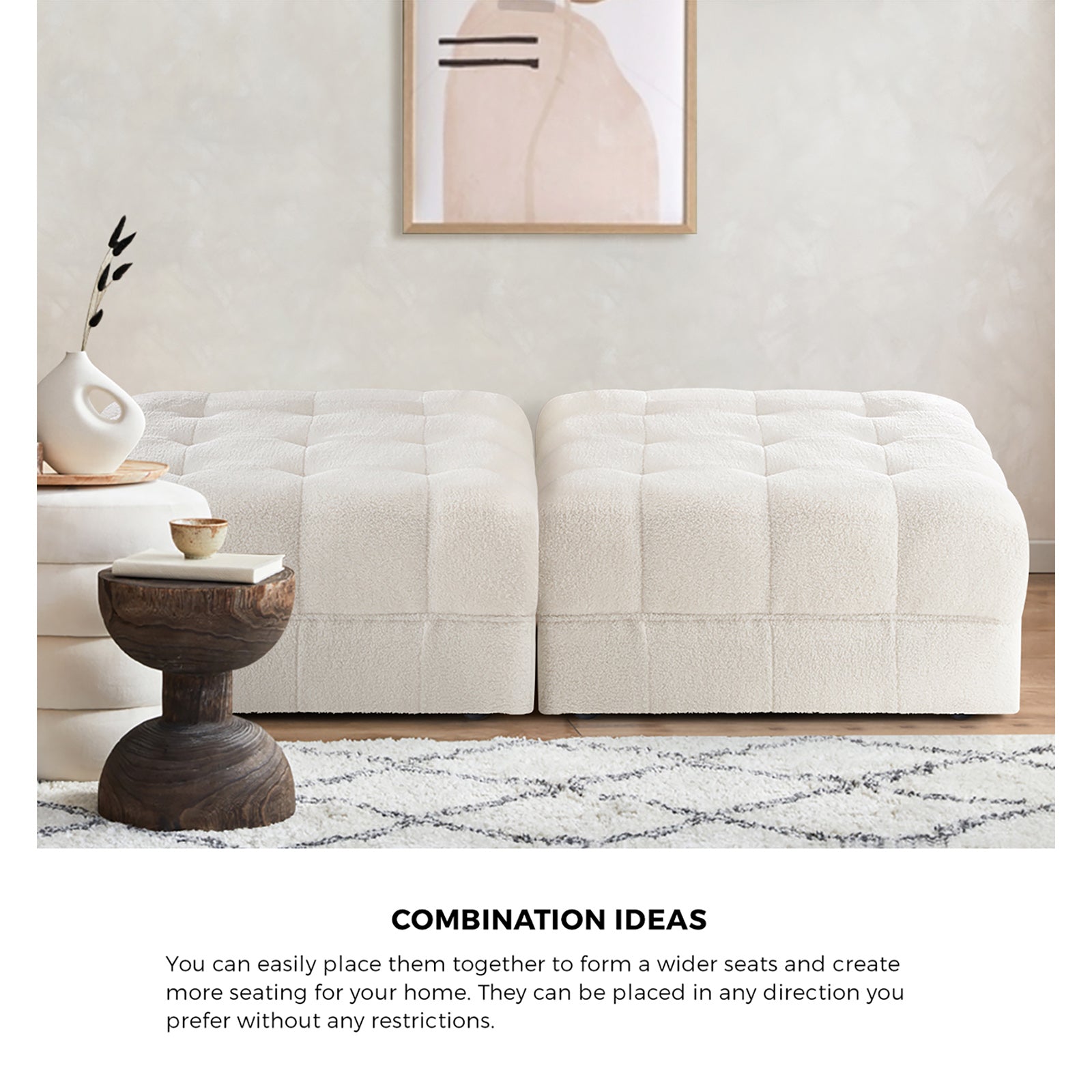 Oikiture 1 Seater Boucle Modular Ottoman Lounge Chair Armless TOFU White - Sunyee