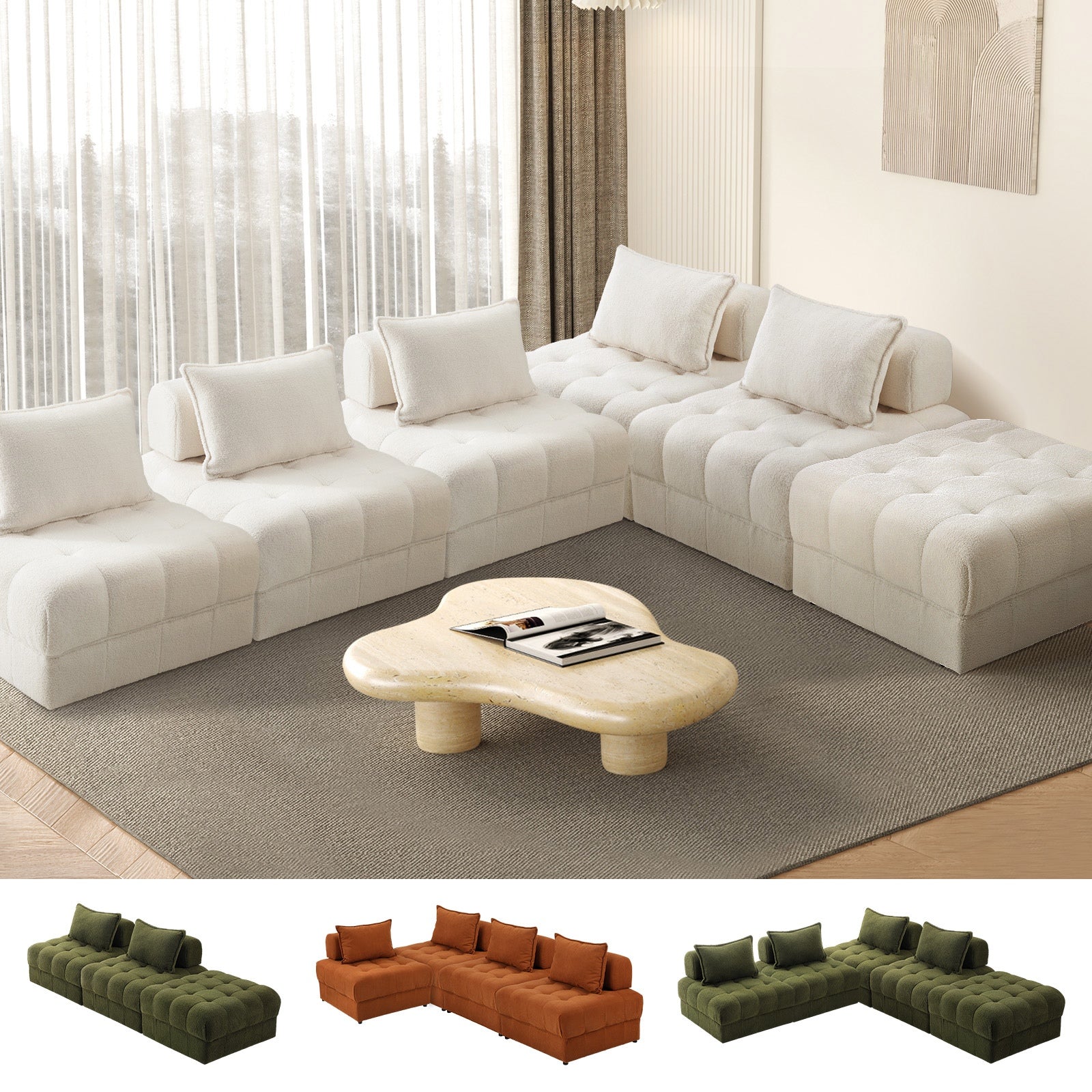 Oikiture 1-6 Seater Boucle/Velvet Modular Sofa & Ottoman Set Armless TOFU Back - Sunyee