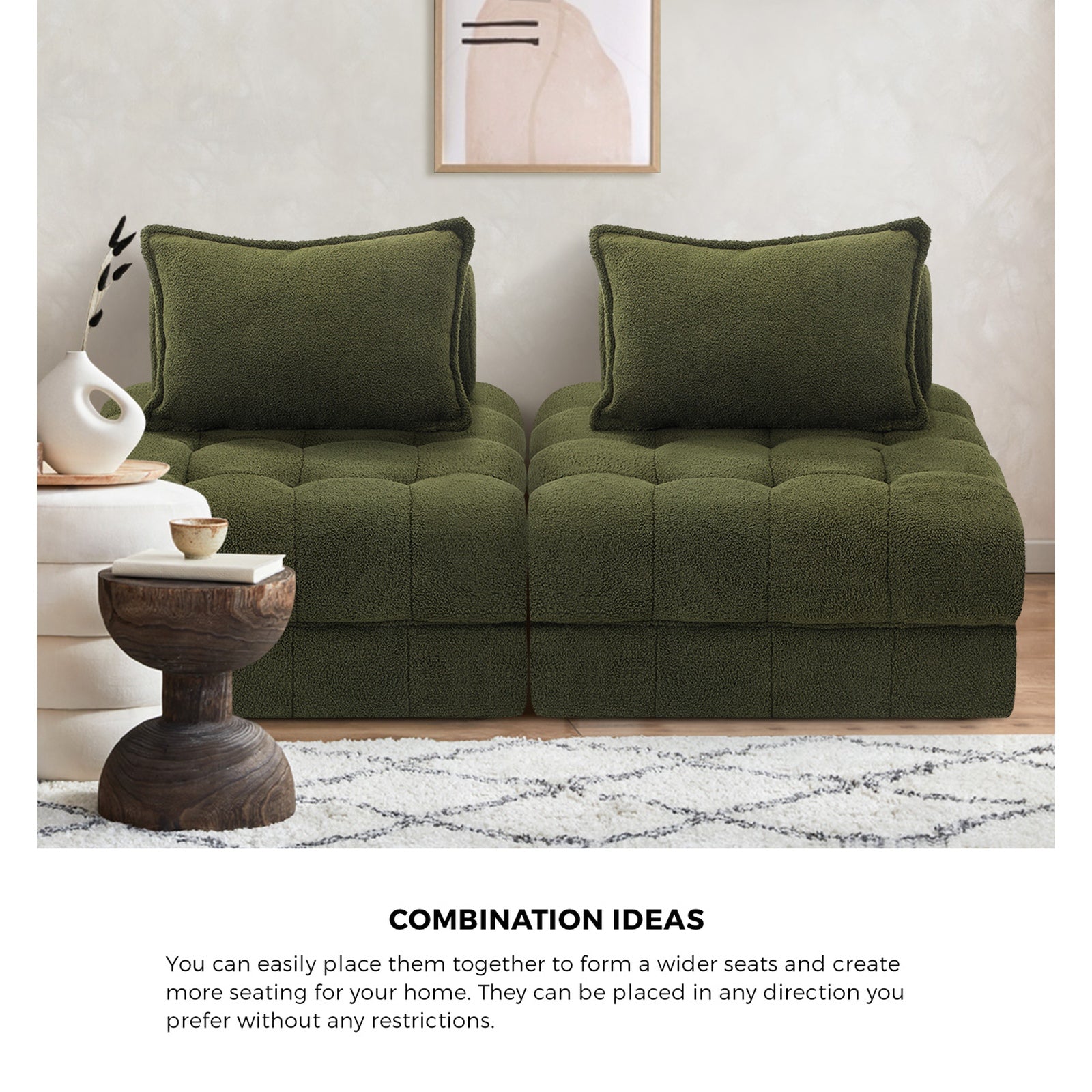 Oikiture 2 Seater Boucle Modular Sofa Lounge Chair Armless TOFU Back Green - Sunyee