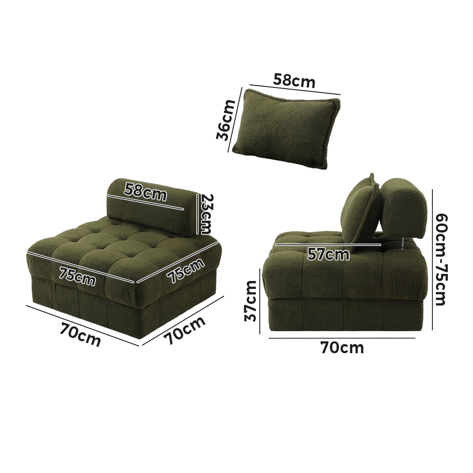 Oikiture 2 Seater Boucle Modular Sofa Lounge Chair Armless TOFU Back Green - Sunyee