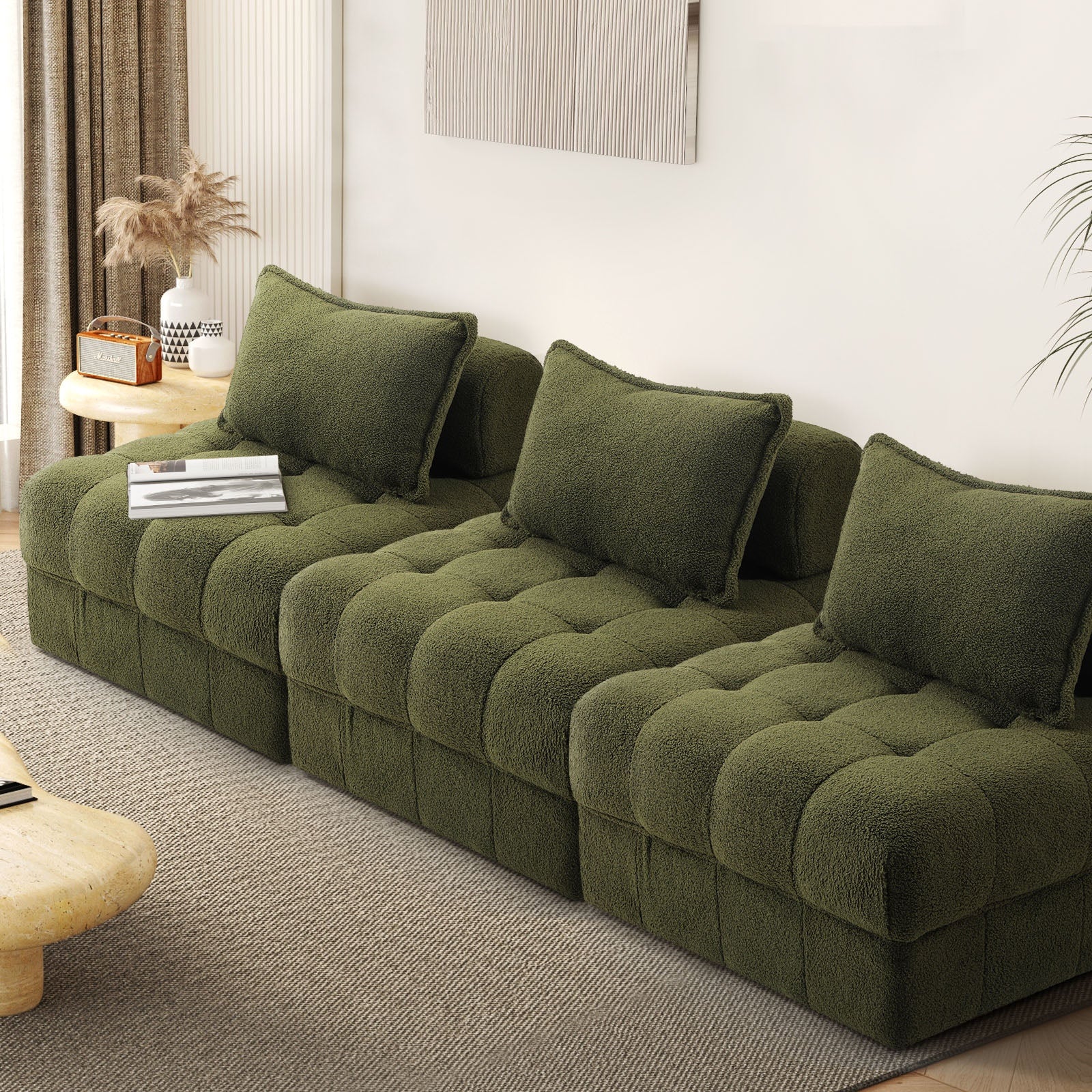 Oikiture 3 Seater Boucle Modular Sofa Lounge Chair Armless TOFU Back Green - Sunyee