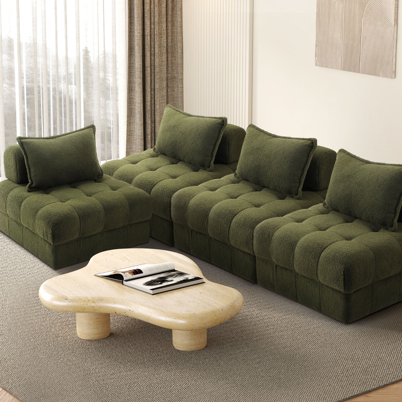 Oikiture 4 Seater Boucle Modular Sofa Lounge Chair Armless TOFU Back Green - Sunyee