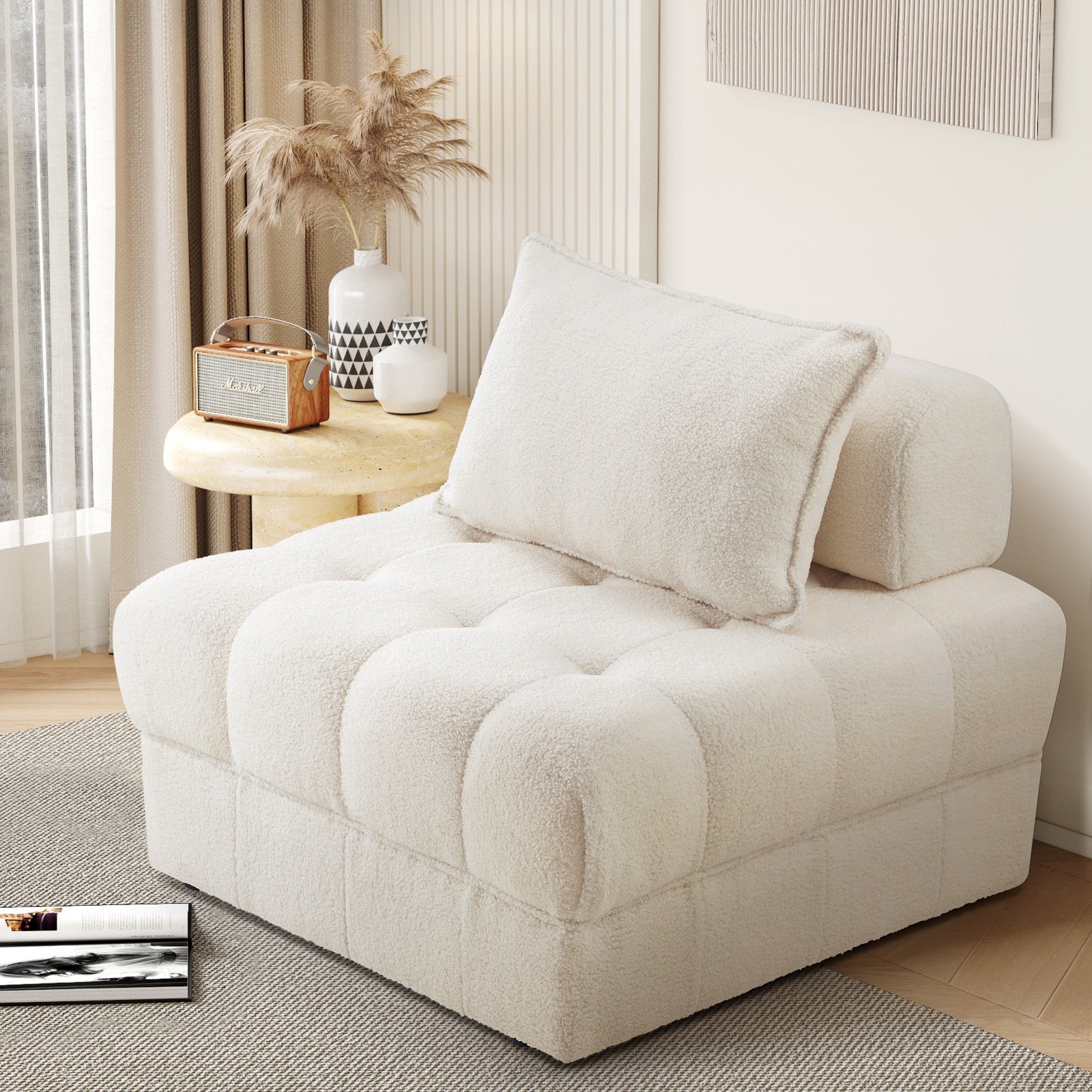 Oikiture 1 Seater Boucle Modular Sofa Lounge Chair Armless TOFU Back White - Sunyee