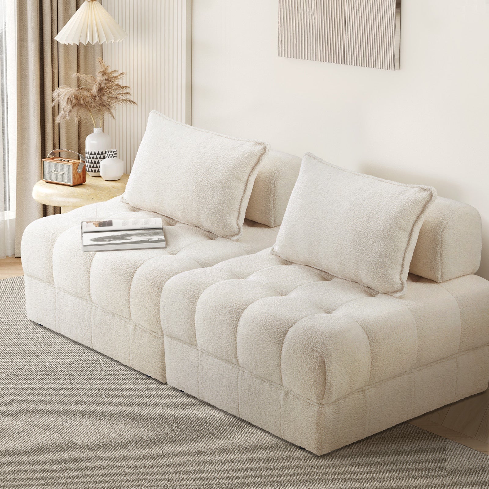Oikiture 2 Seater Boucle Modular Sofa Lounge Chair Armless TOFU Back White - Sunyee