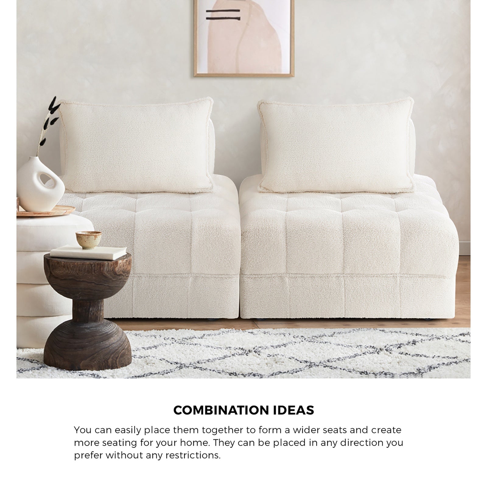 Oikiture 2 Seater Boucle Modular Sofa Lounge Chair Armless TOFU Back White - Sunyee