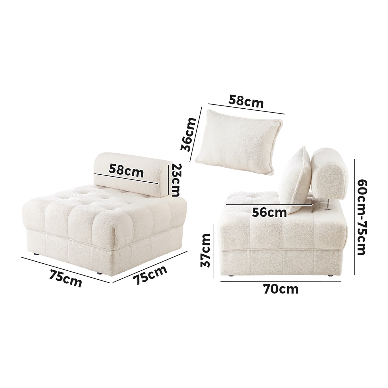 Oikiture 2 Seater Boucle Modular Sofa Lounge Chair Armless TOFU Back White - Sunyee