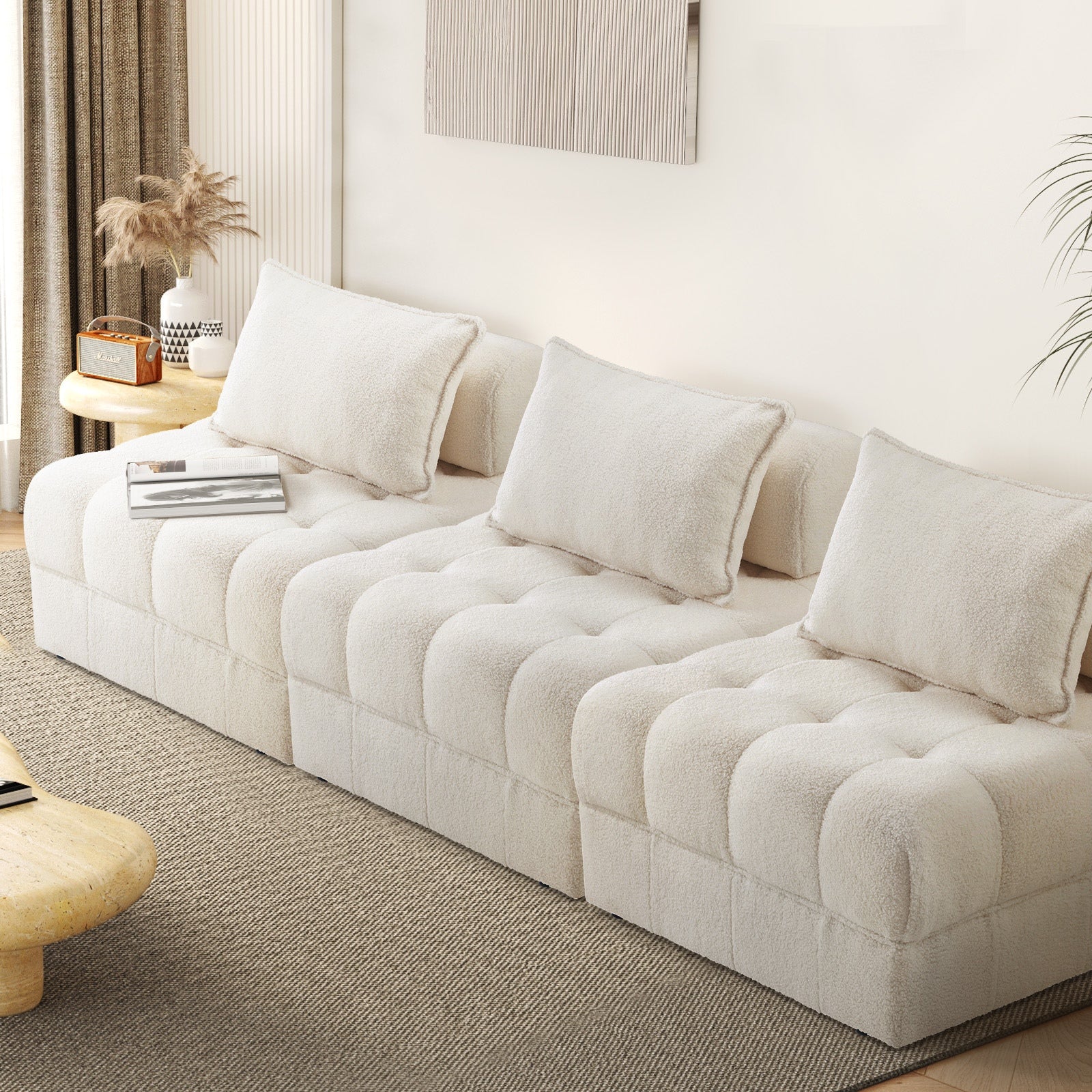Oikiture 3 Seater Boucle Modular Sofa Lounge Chair Armless TOFU Back White - Sunyee