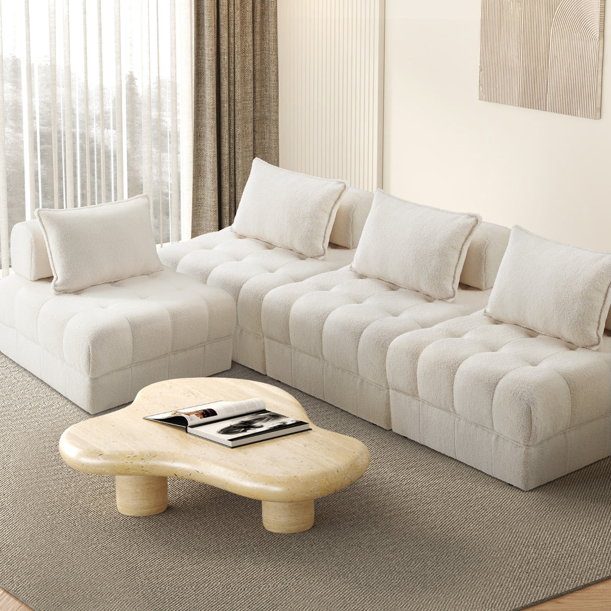 Oikiture 4 Seater Boucle Modular Sofa Lounge Chair Armless TOFU Back White - Sunyee
