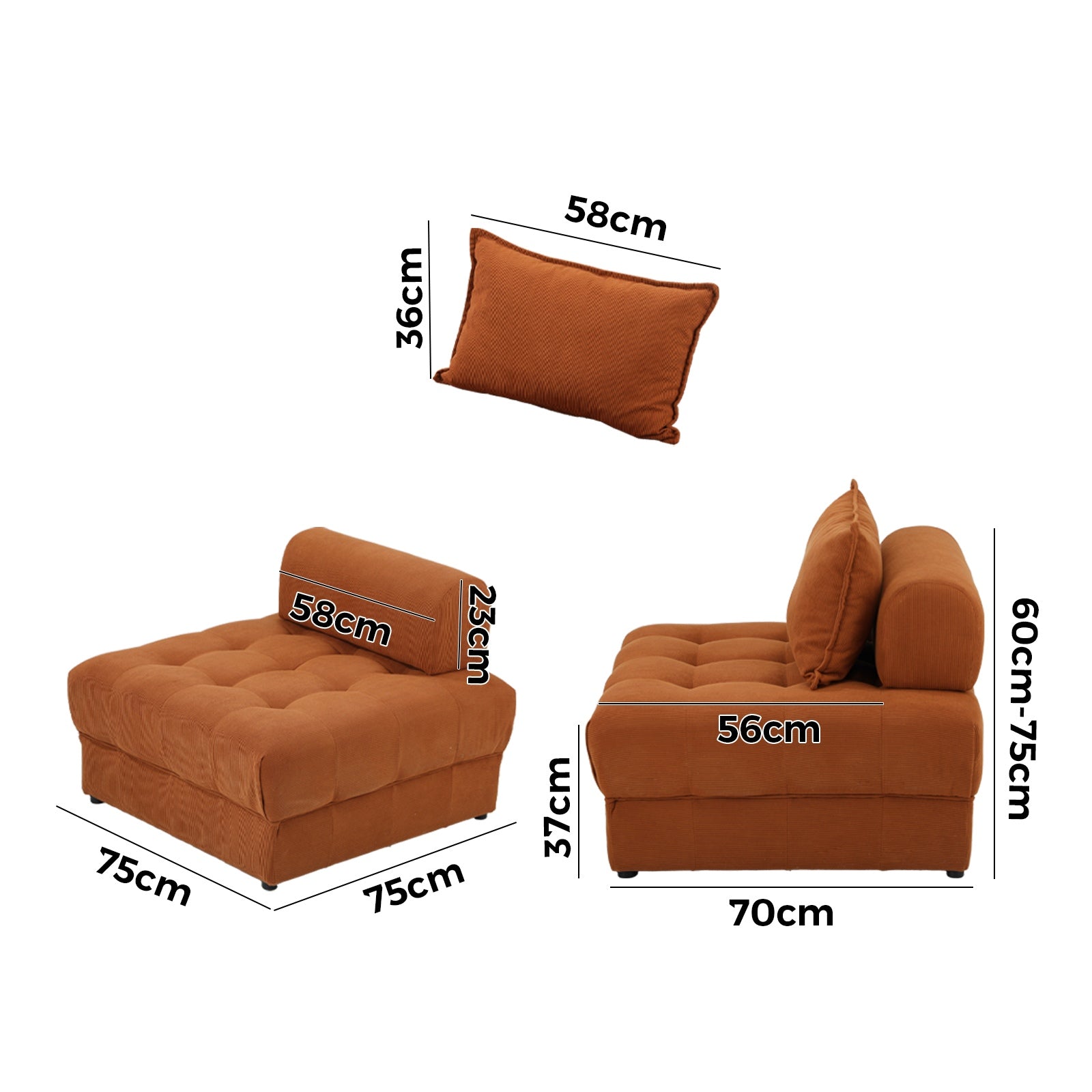 Oikiture Velvet Modular Sofa Lounge Chair Armless TOFU Back Brown - Sunyee