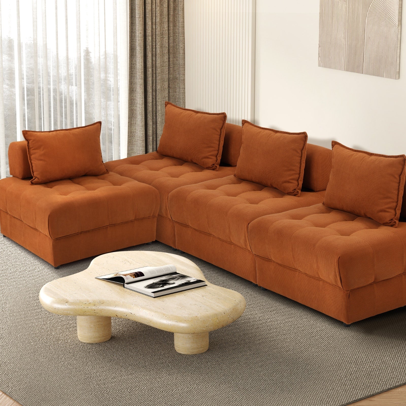 Oikiture 1-6 Seater Boucle/Velvet Modular Sofa & Ottoman Set Armless TOFU Back - Sunyee