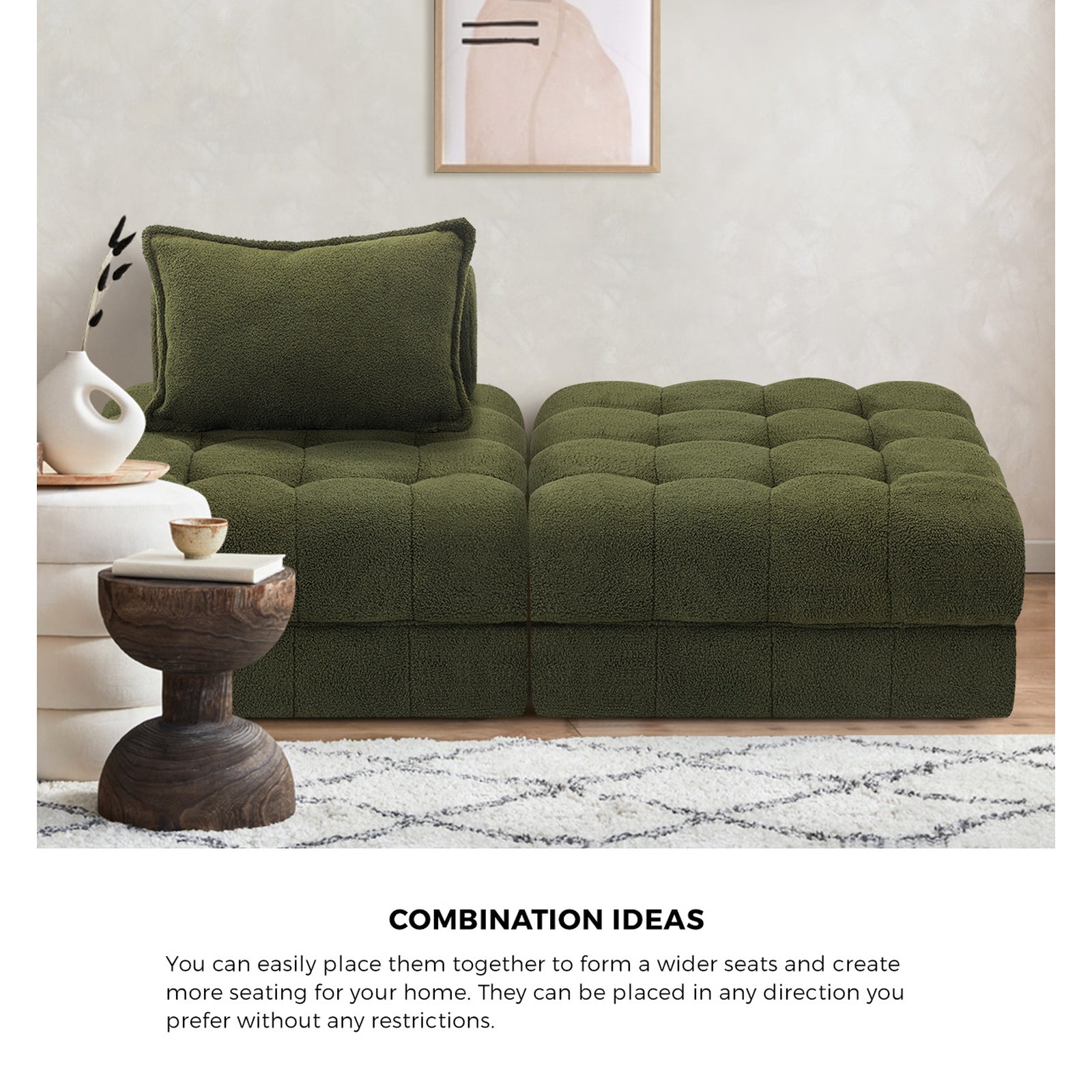 Oikiture 2 Seater Boucle Modular Sofa & Ottoman Set Armless TOFU Back Green - Sunyee