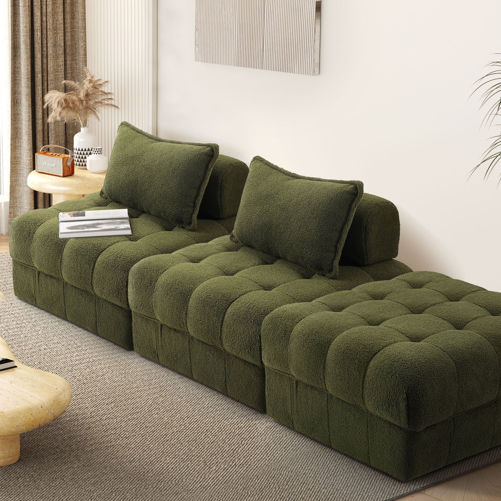 Oikiture 3 Seater Boucle Modular Sofa & Ottoman Set Armless TOFU Back Green - Sunyee
