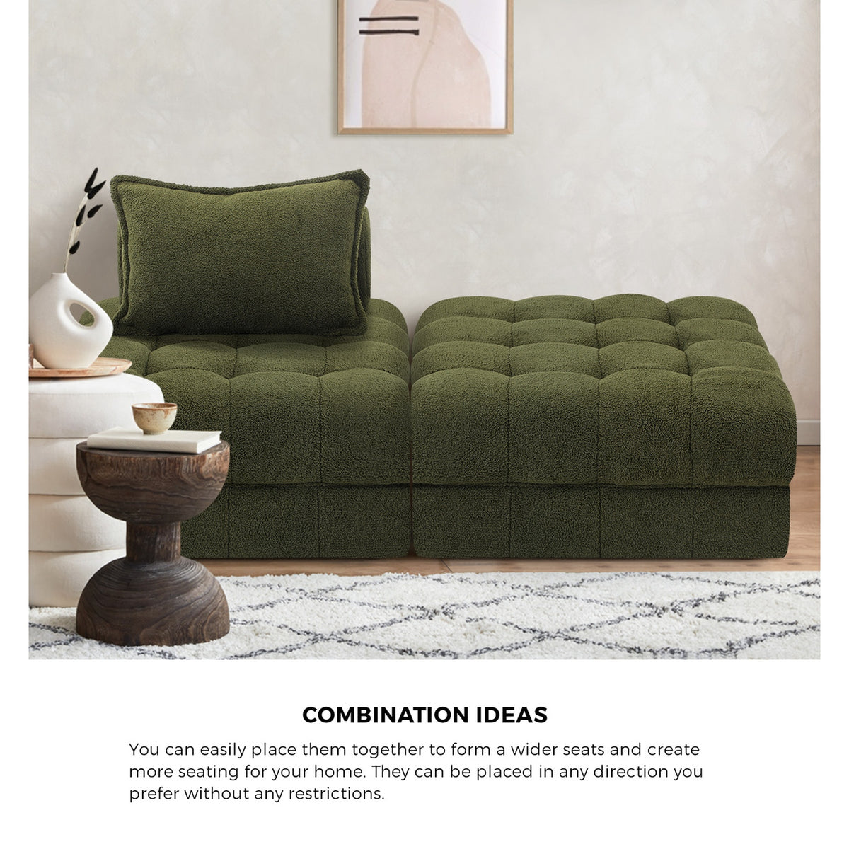 Oikiture 4 Seater Boucle Modular Sofa & Ottoman Set Armless TOFU Back Green - Sunyee