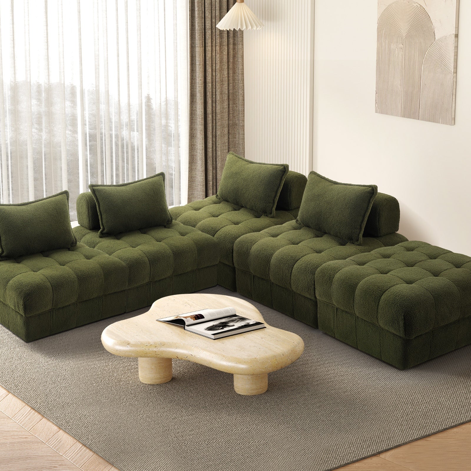 Oikiture 5 Seater Boucle Modular Sofa & Ottoman Set Armless TOFU Back Green - Sunyee