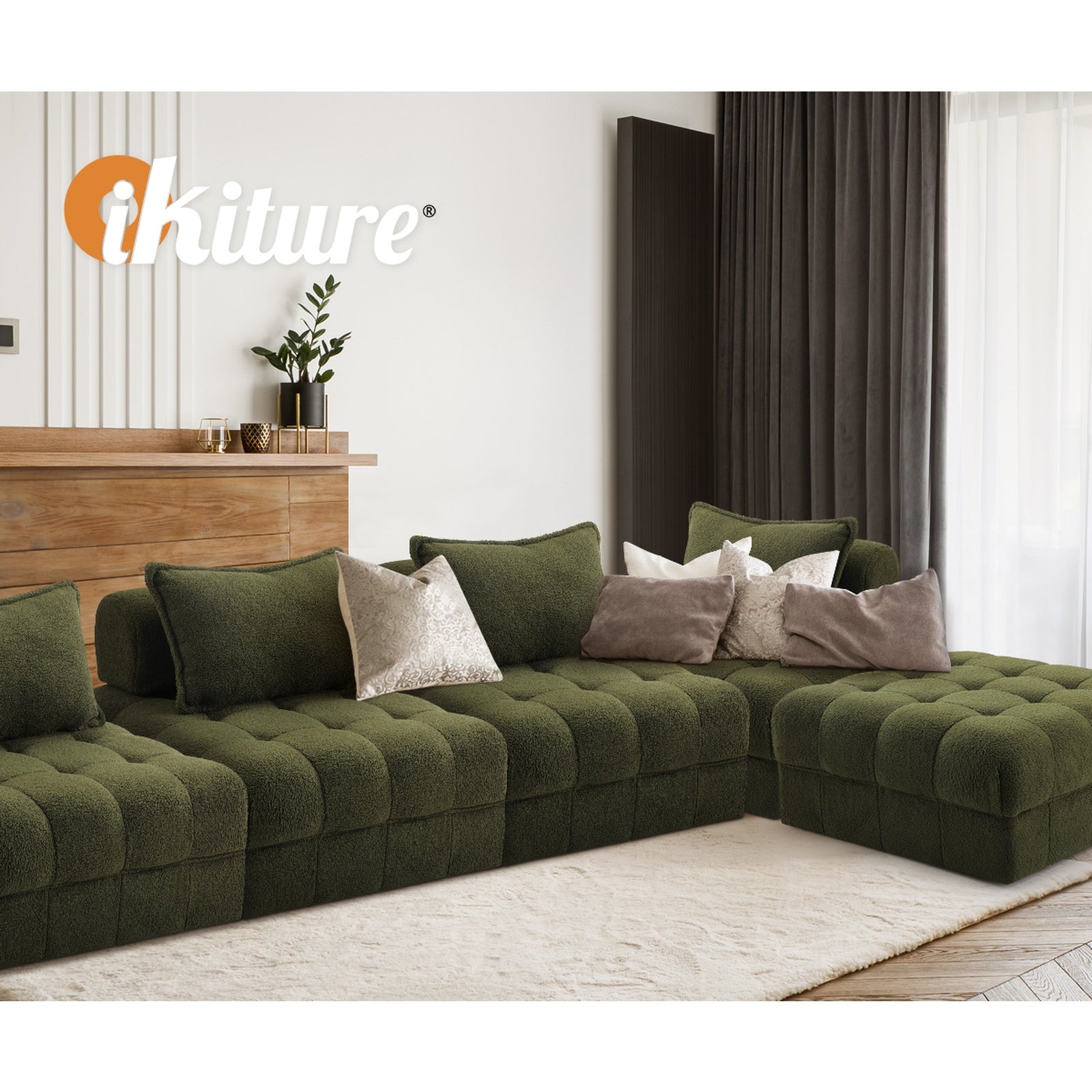 Oikiture 5 Seater Boucle Modular Sofa & Ottoman Set Armless TOFU Back Green - Sunyee