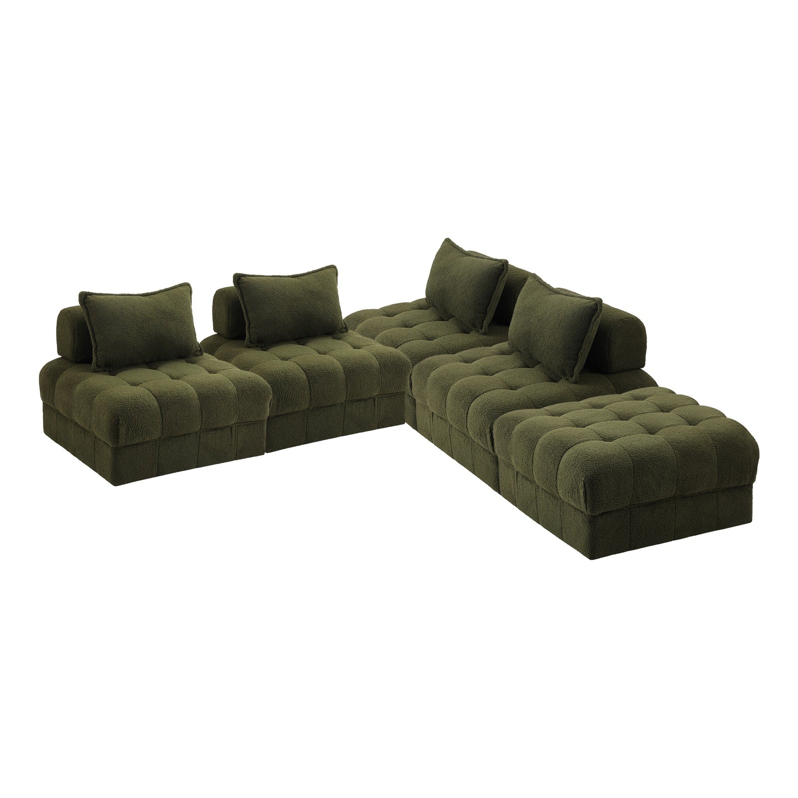 Oikiture 5 Seater Boucle Modular Sofa & Ottoman Set Armless TOFU Back Green - Sunyee