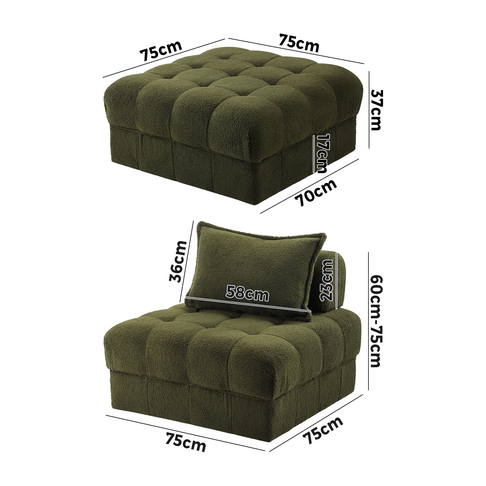 Oikiture 5 Seater Boucle Modular Sofa & Ottoman Set Armless TOFU Back Green - Sunyee