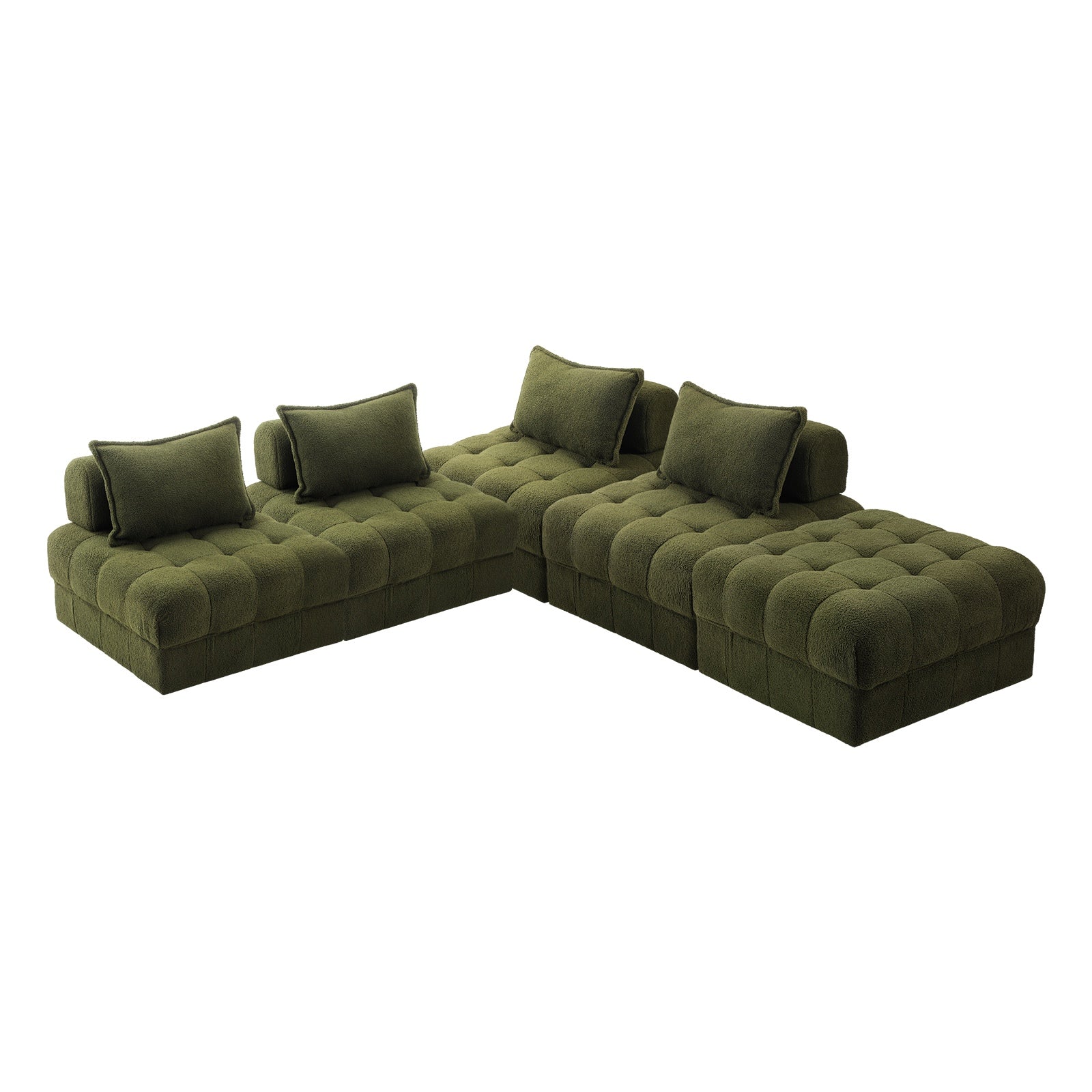 Oikiture 5 Seater Boucle Modular Sofa & Ottoman Set Armless TOFU Back Green - Sunyee