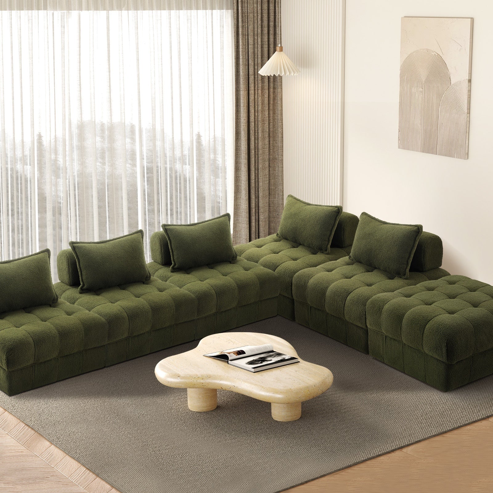 Oikiture 1-6 Seater Boucle/Velvet Modular Sofa & Ottoman Set Armless TOFU Back - Sunyee