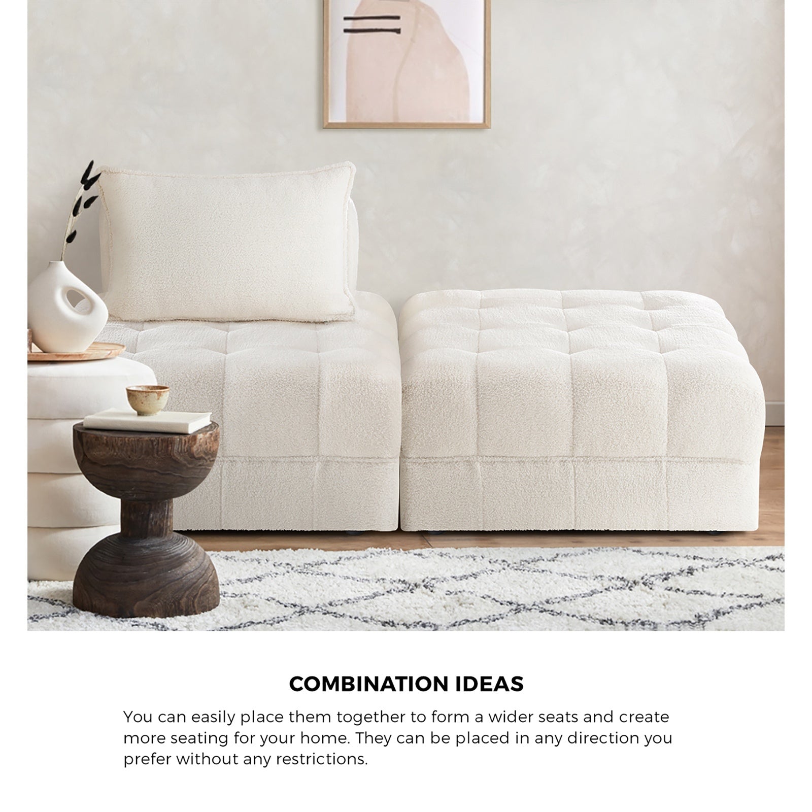 Oikiture 2 Seater Boucle Modular Sofa & Ottoman Set Armless TOFU Back White - Sunyee
